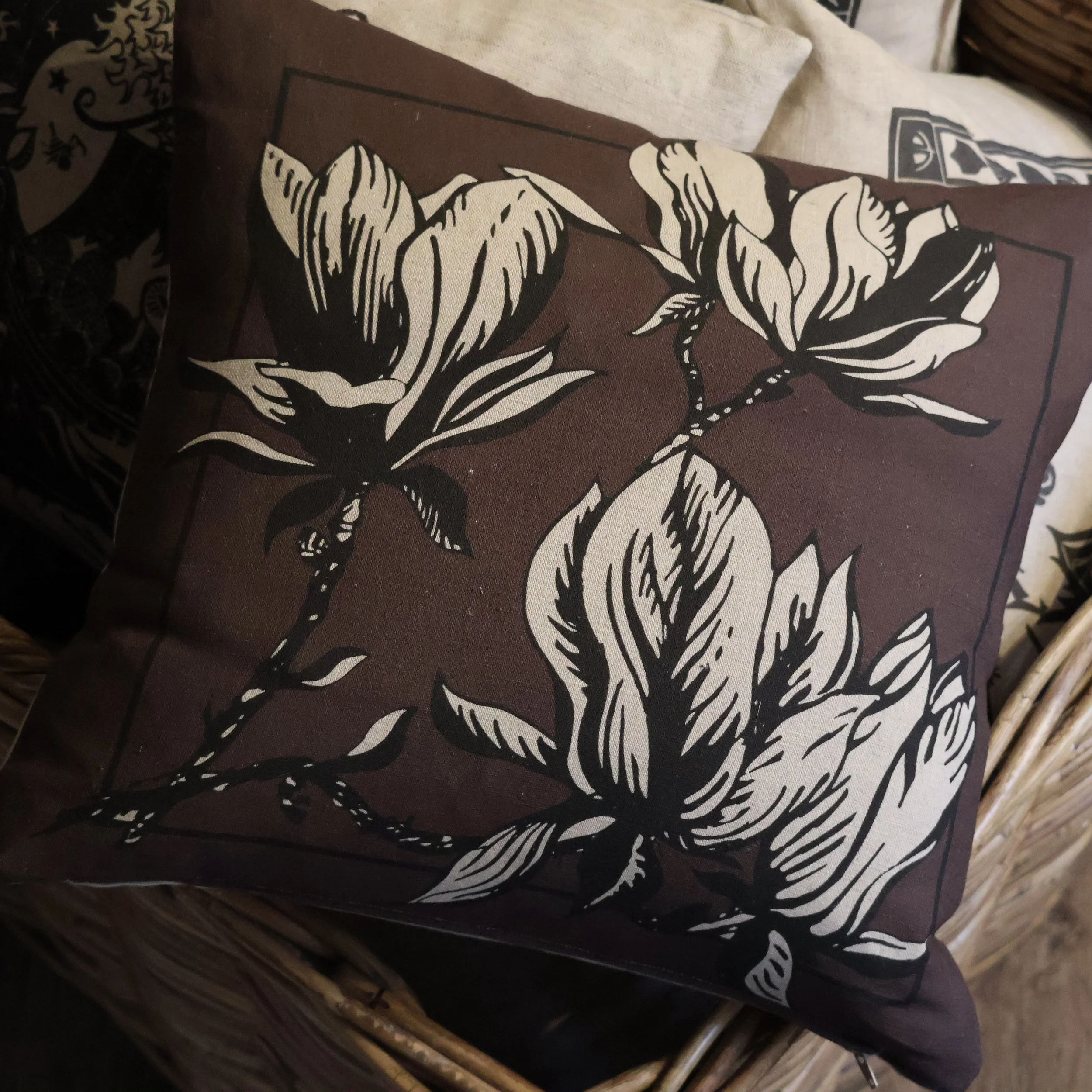 Magnolias (plum Brown) - Cushion based on an original Linocut design