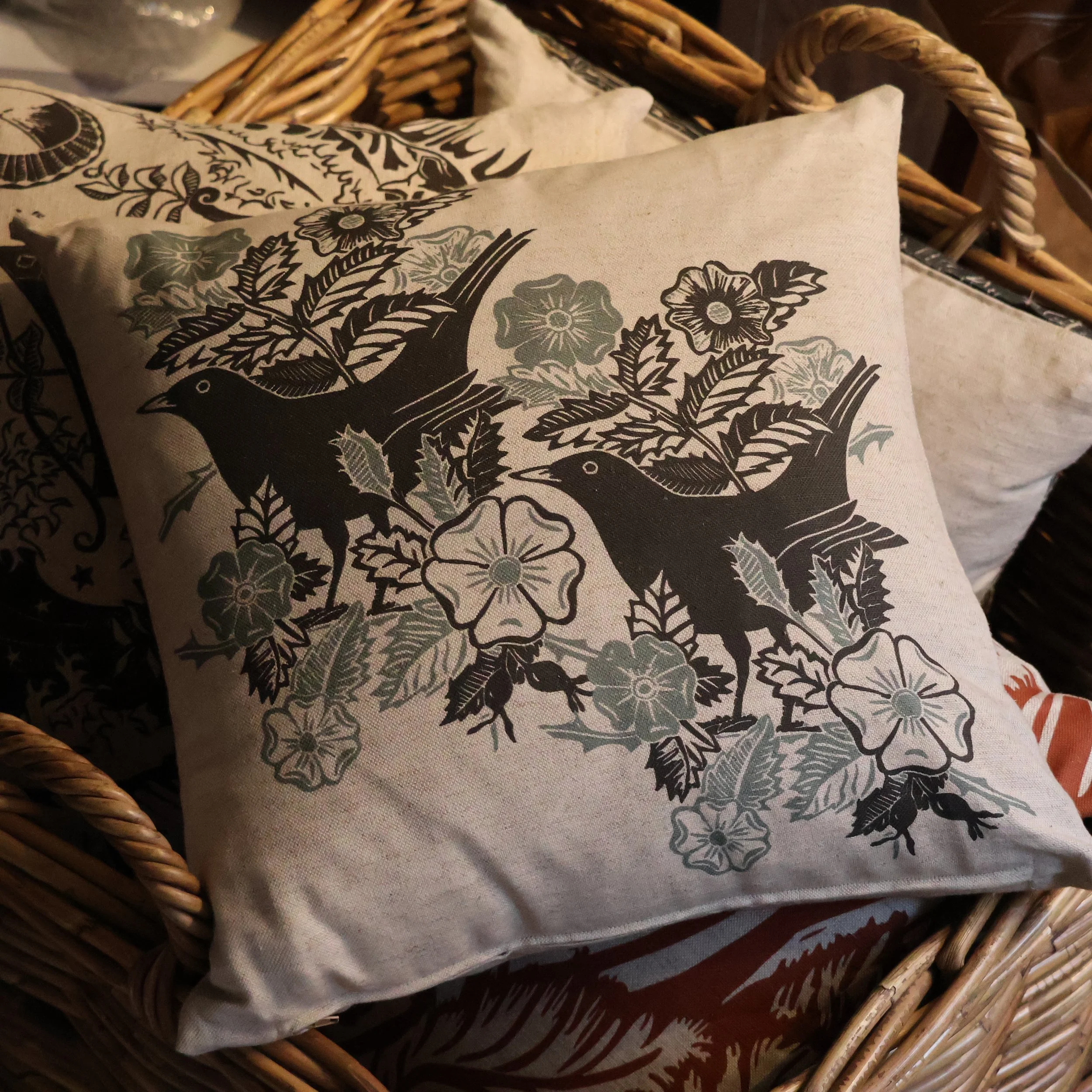 Blackbird & Briar- Cushion based on an original Linocut design