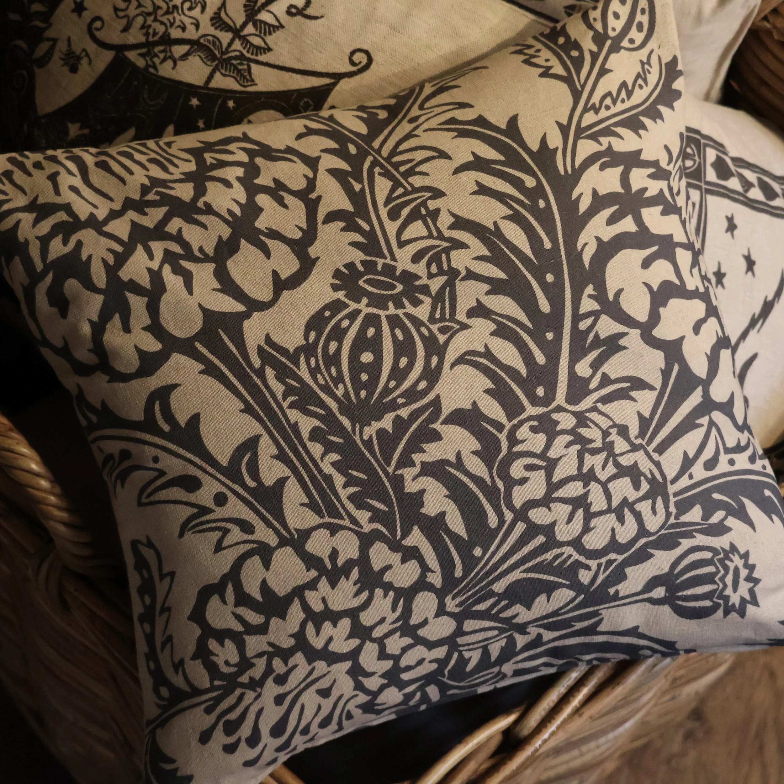 Artichoke & Poppy - Cushion based on an original Linocut design