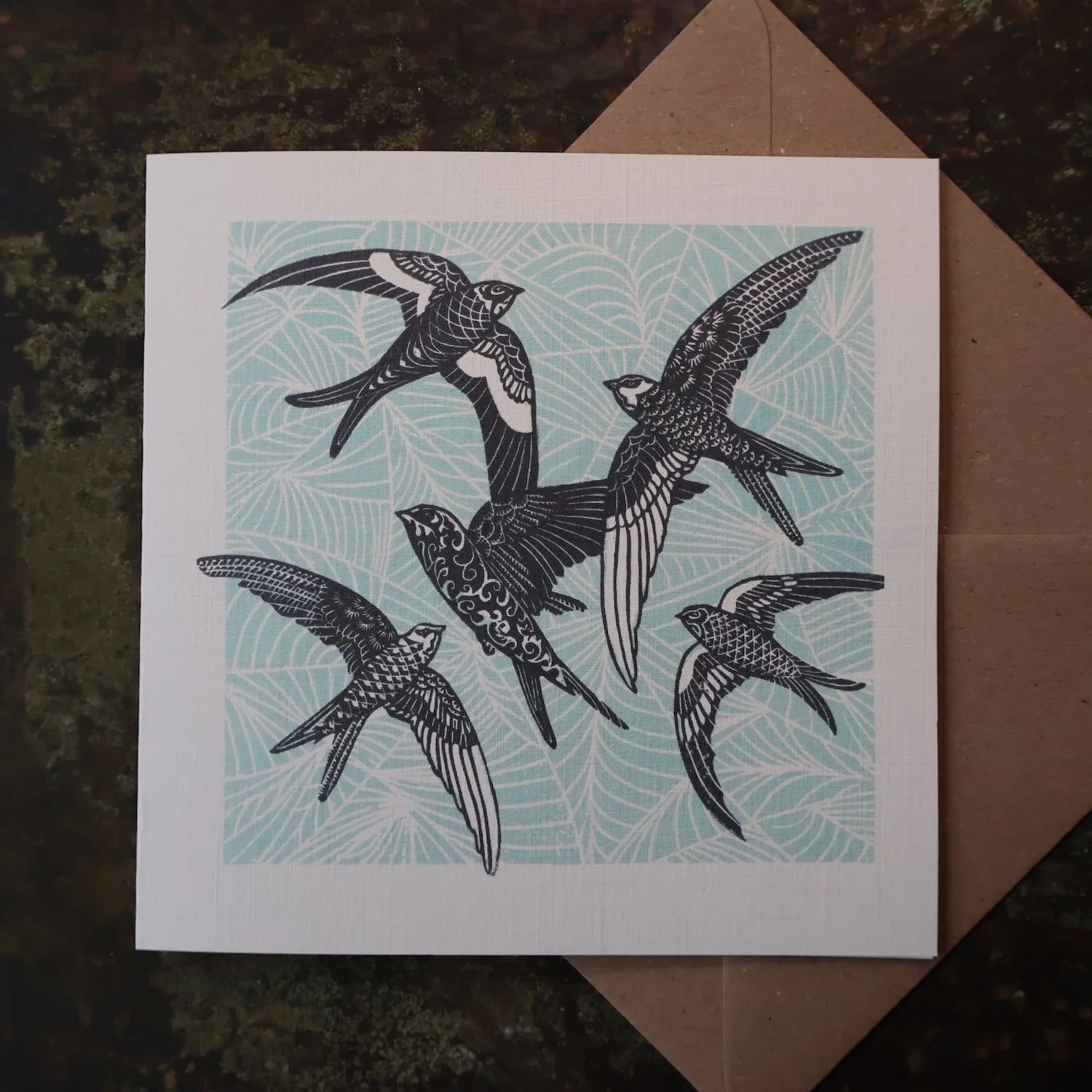 Swifts (Blue), Original Artists Greeting Card from the Linocut collection