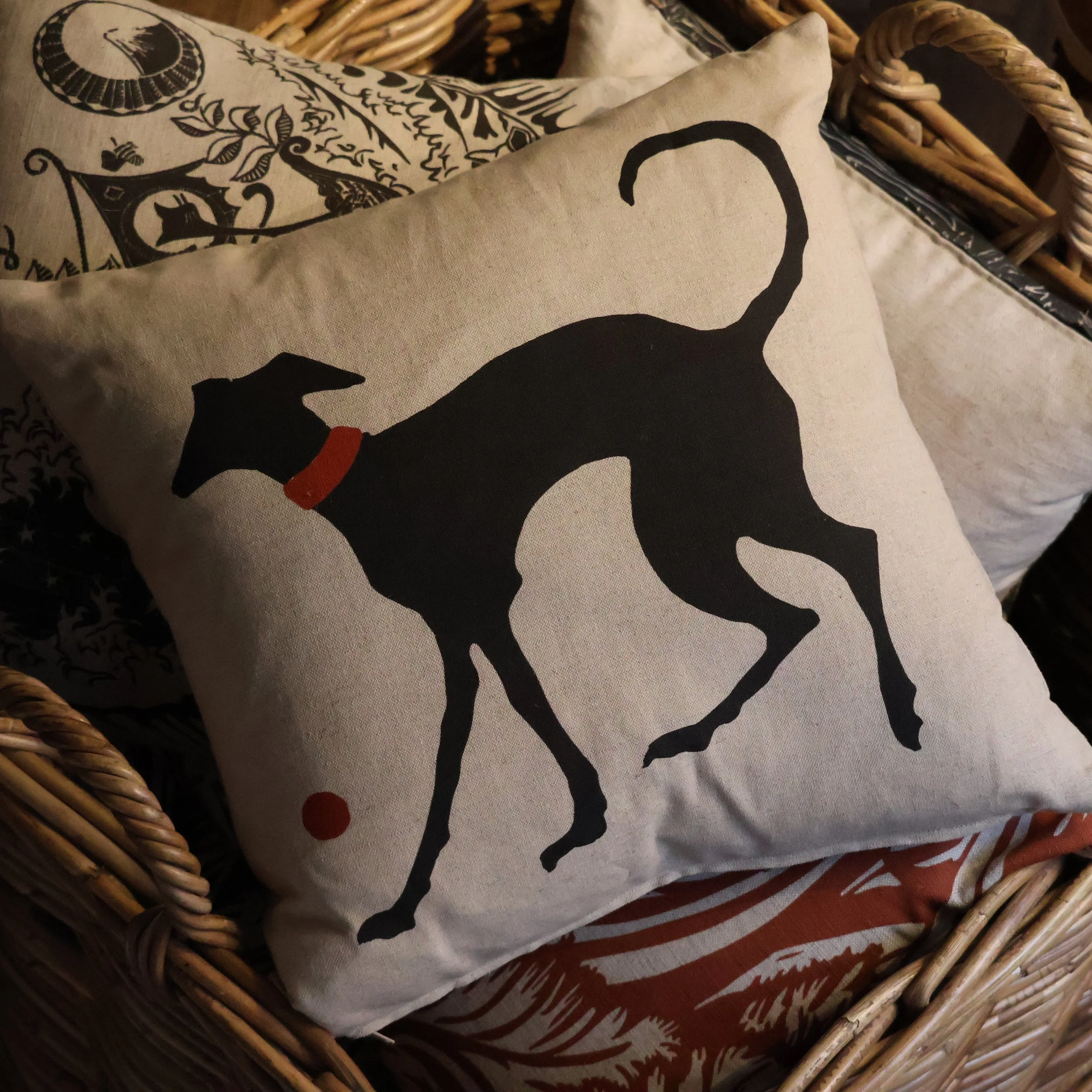 Fetch - Cushion based on an original collagraph design