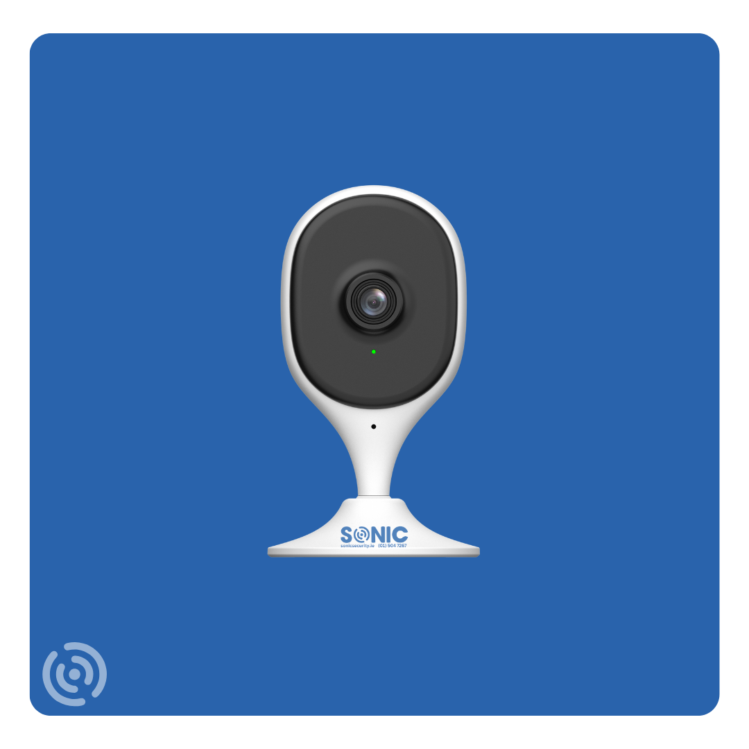 Sonic indoor smart camera with high-definition video and AI human detection placed on a residential shelf, integrated into a home security setup by Sonic Security Systems Dublin.