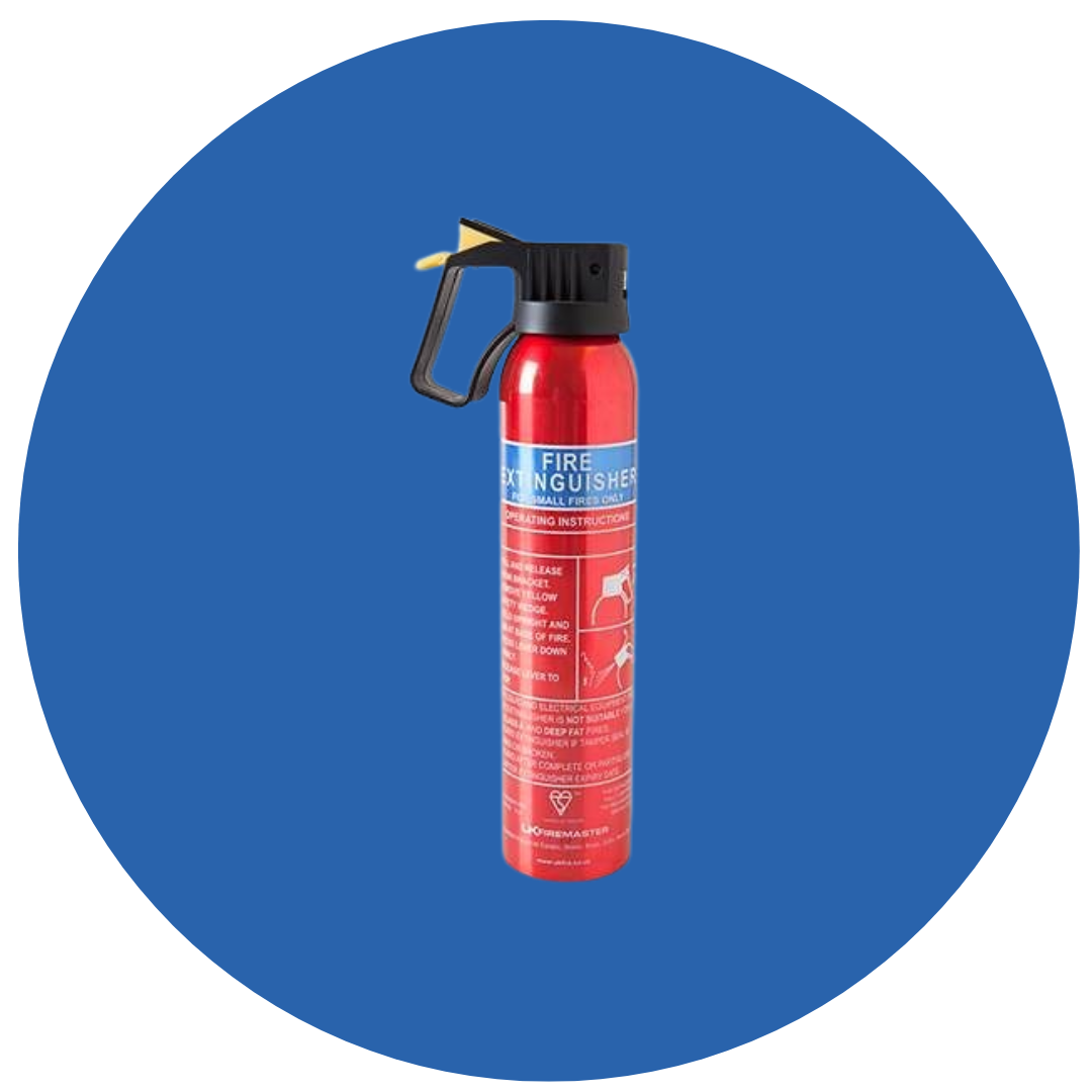 An aerosol fire extinguisher stored in the glove box of a car.