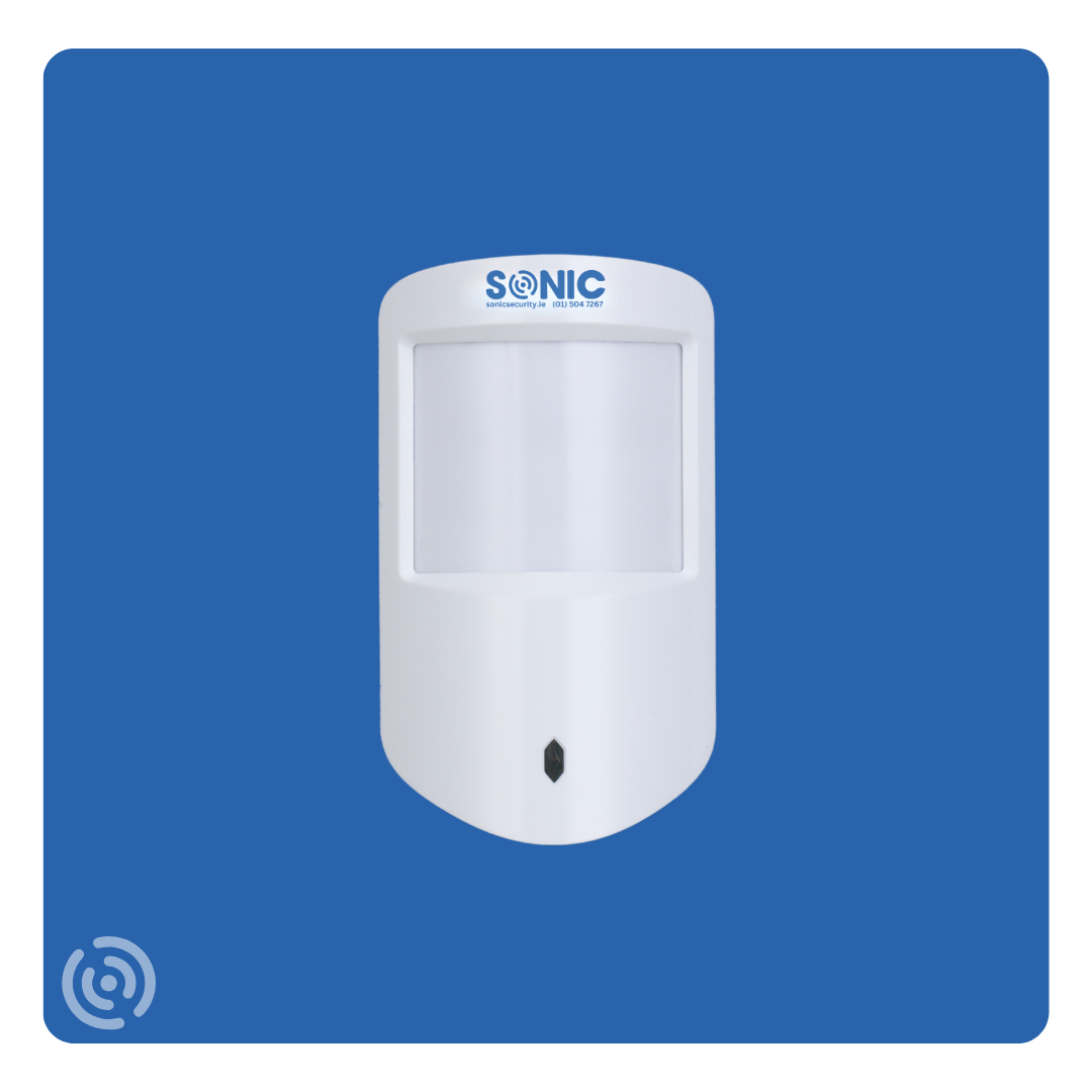 Sonic wireless standard PIR motion detector with wide-angle space protection installed in a residential hallway by Sonic Security Systems Dublin.