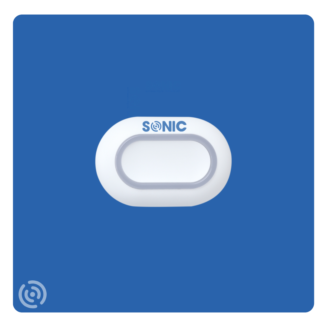 Sonic wireless medical alert pendant with a lightweight dual-button layout for elderly home care emergencies, integrated into a central home safety monitoring system by Sonic Security Systems Dublin.
