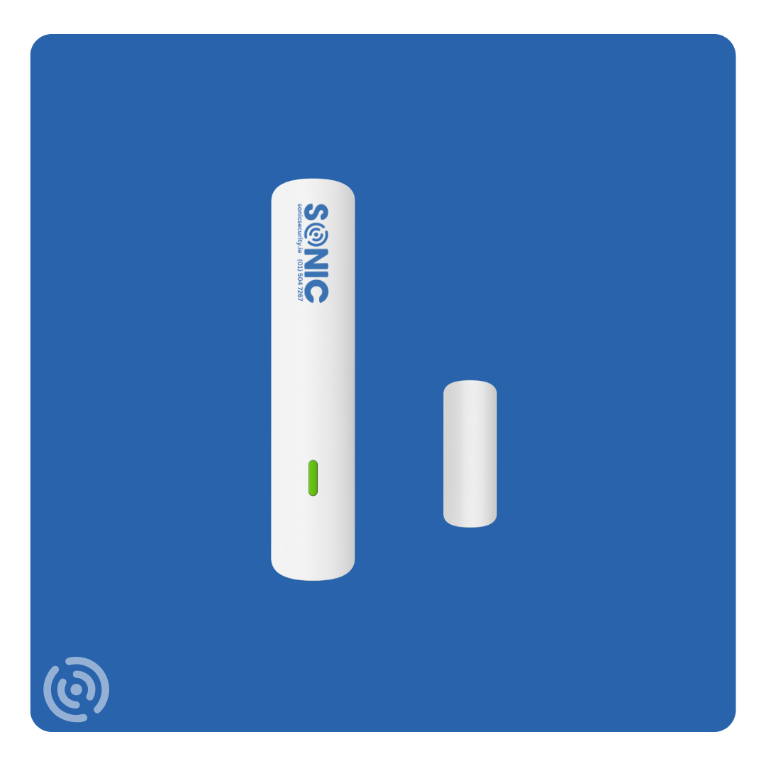 Sonic wireless door contact sensor with magnetic alignment installed on a composite front door frame by Sonic Security Systems Dublin.