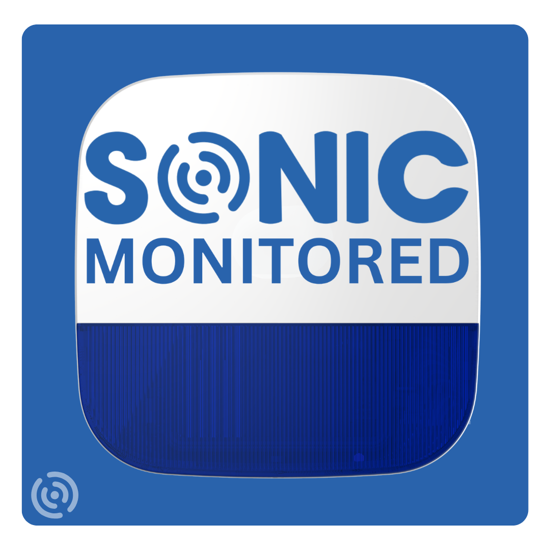 Sonic wireless external alarm siren with integrated high-intensity LED strobe lights mounted to a residential brick facade by Sonic Security Systems Dublin.