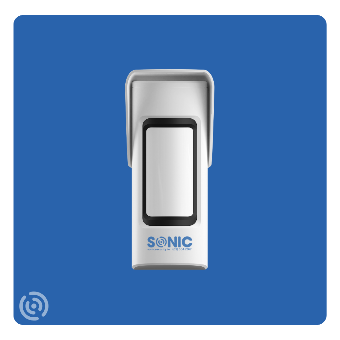 Sonic wireless outdoor motion detector with integrated dual PIR and radar microwave tracking mounted on a residential patio wall by Sonic Security Systems Dublin.