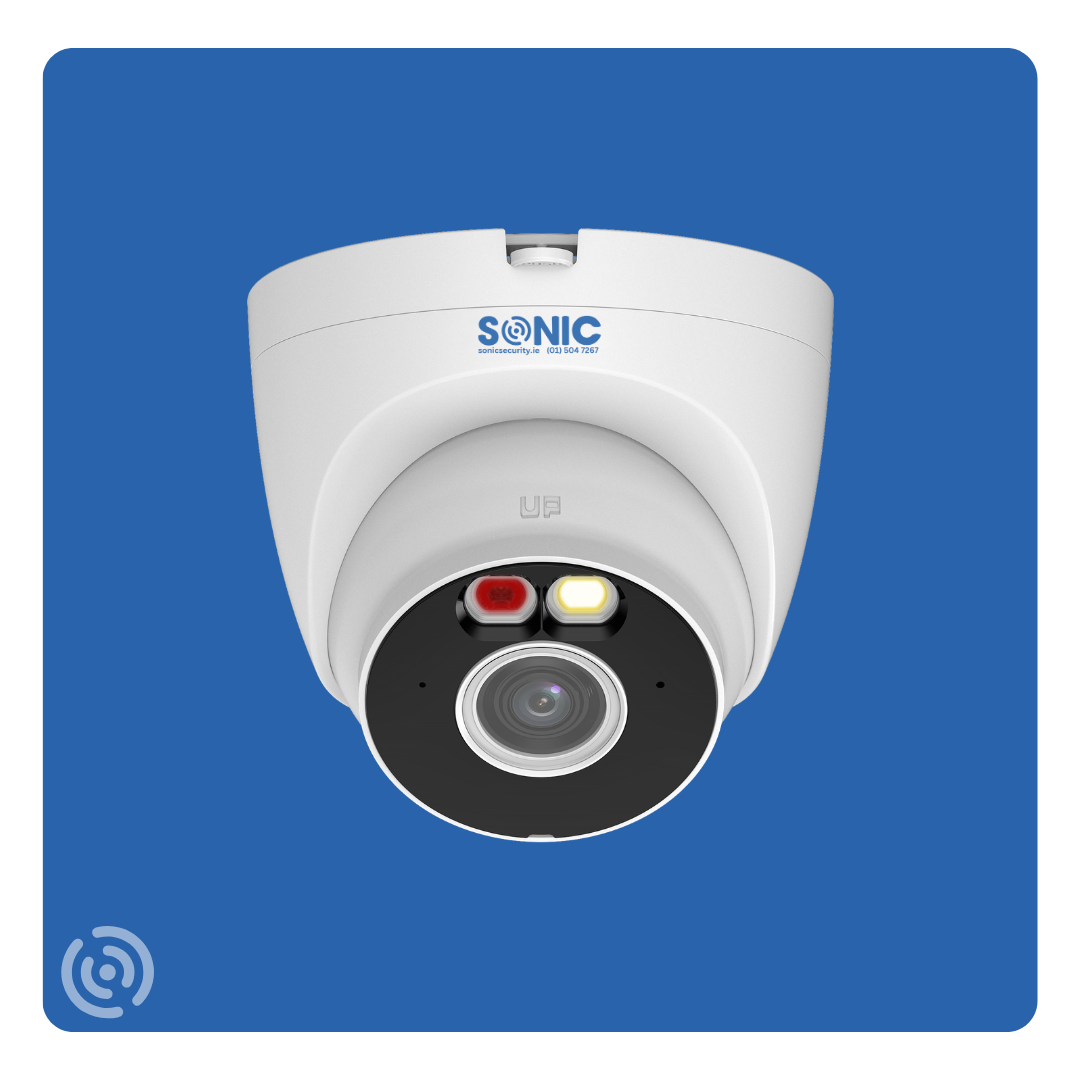 Sonic outdoor 2K smart security camera with IP67 weatherproof rating and active deterrence lighting installed on a domestic property wall by Sonic Security Systems Dublin.