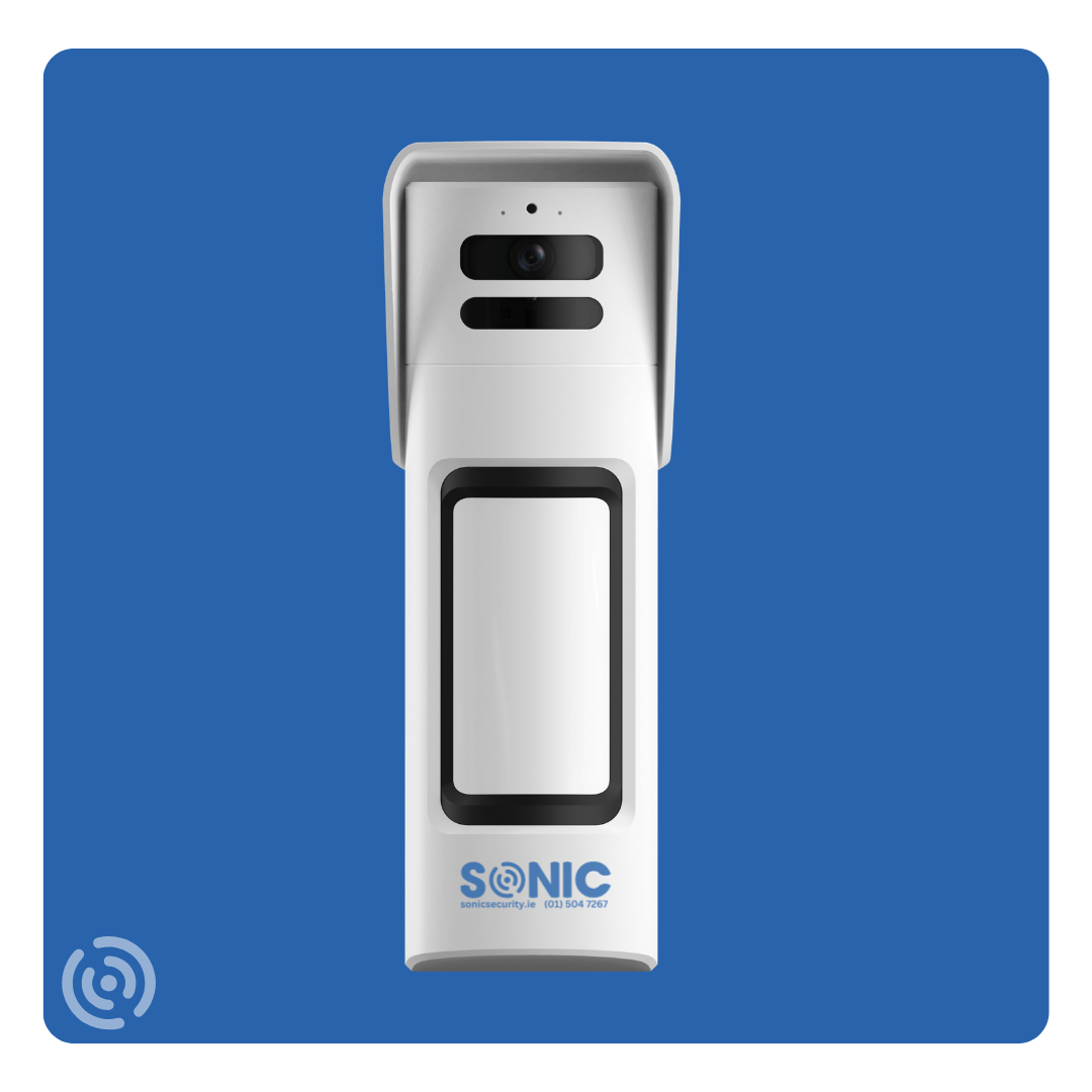 Sonic wireless outdoor motion camera with triple-tech infrared, microwave, and HD photo verification installed on a garden wall by Sonic Security Systems Dublin.