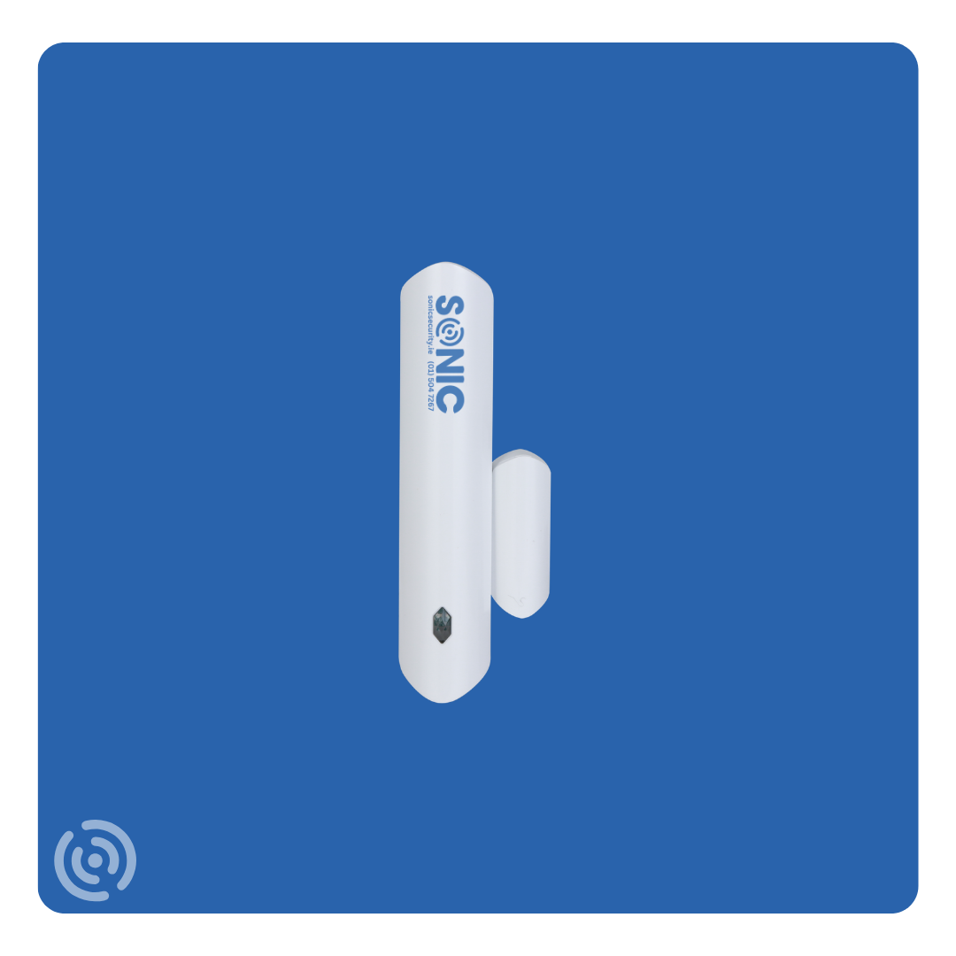 Sonic wireless window sensor with a slim profile installed on a modern uPVC frame, integrated into a complete smart home security system by Sonic Security Systems Dublin.