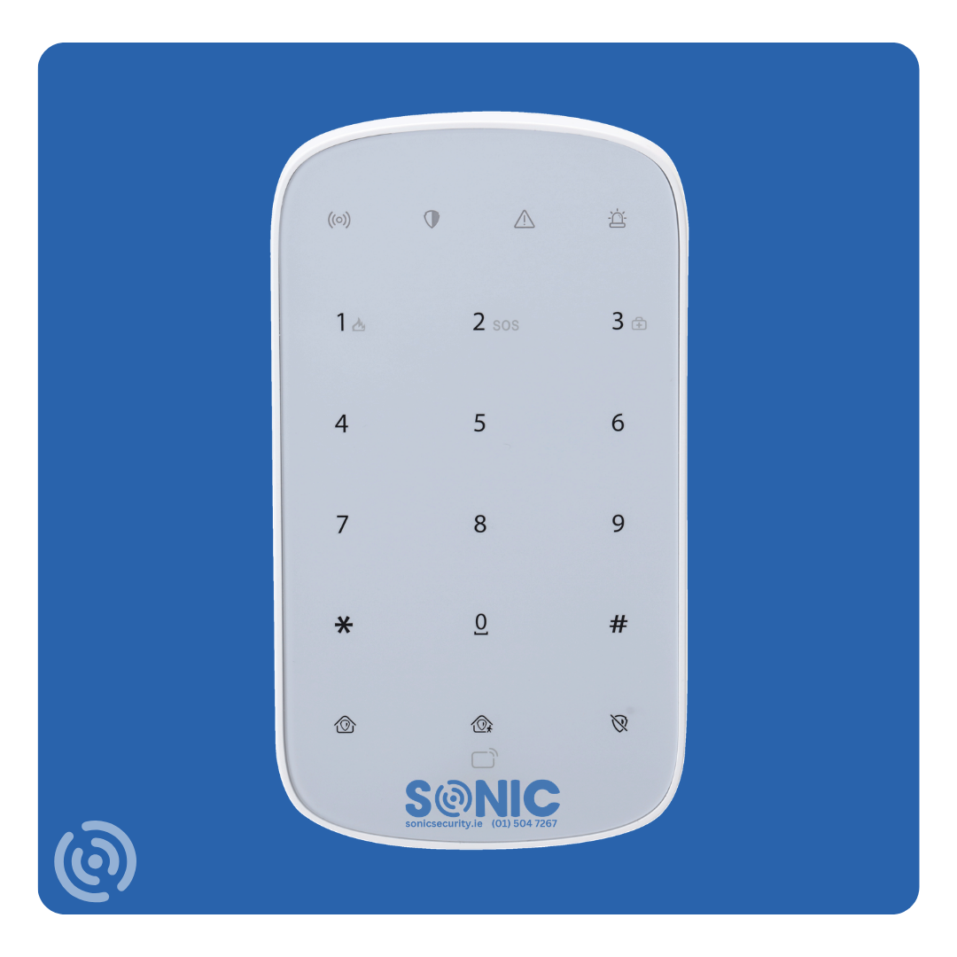 Sonic wireless standard alarm keypad with numeric touch keys and card reader installed on a hallway wall by Sonic Security Systems Dublin.