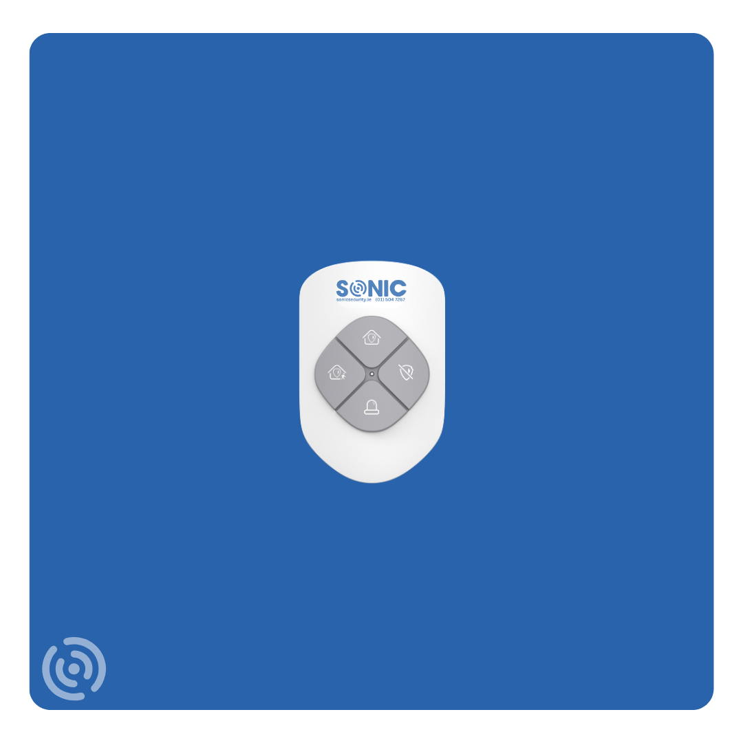 Sonic wireless security keyfob remote control with a compact four-button layout for arming and disarming a residential house alarm system by Sonic Security Systems Dublin.