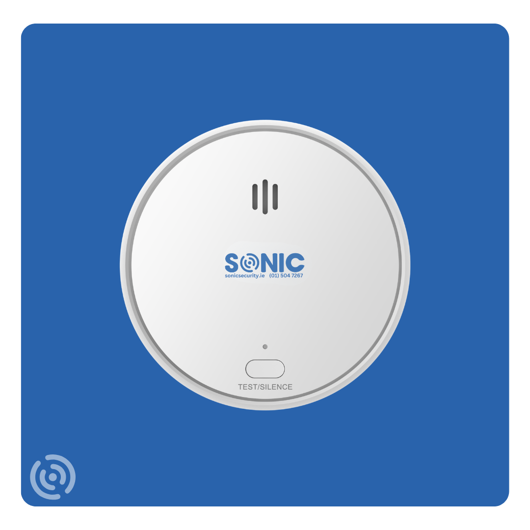 Sonic wireless smoke alarm unit installed on a residential ceiling, integrated with a home security system by Sonic Security Systems Dublin