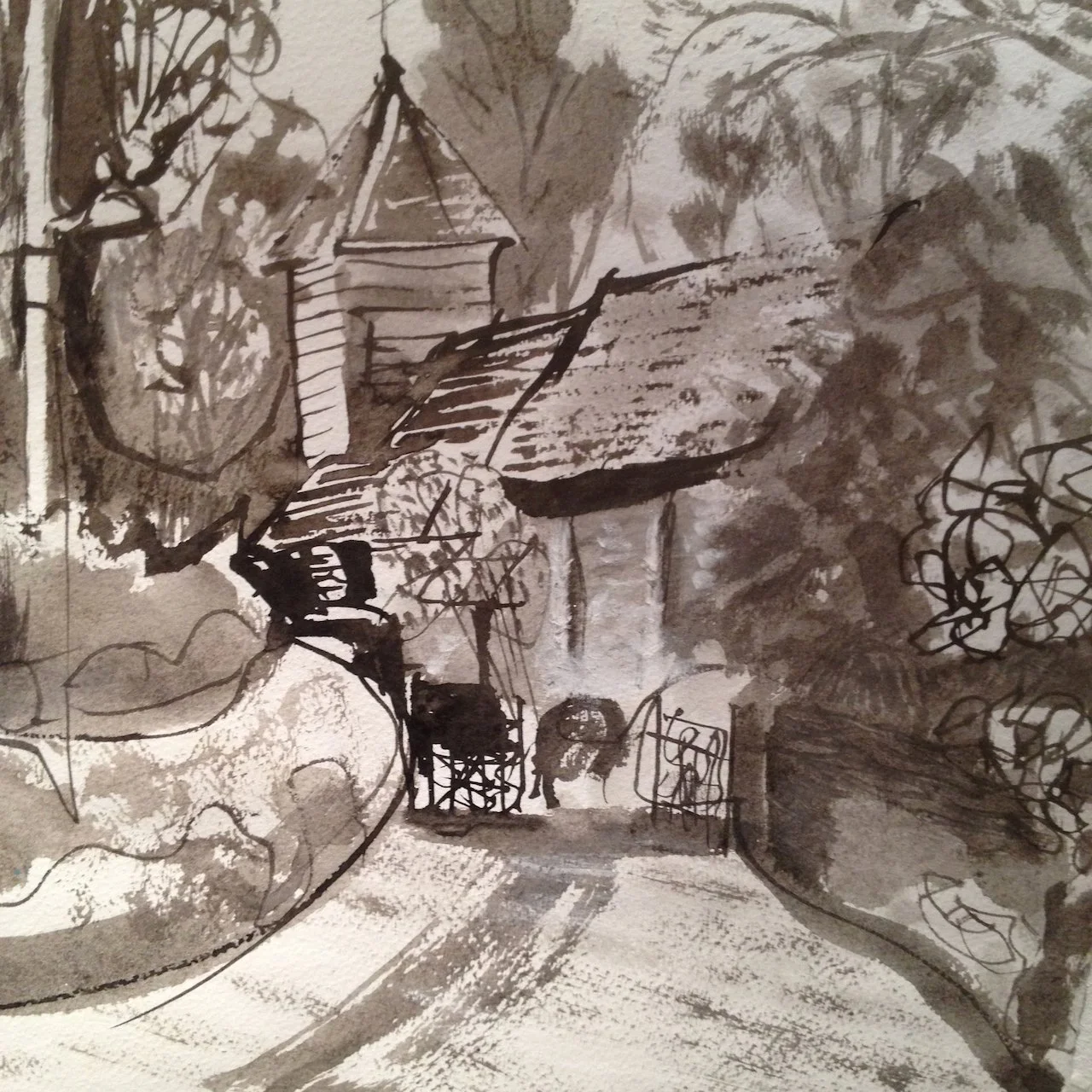 St Mary Magdalene's, Bleddfa, ink and wash