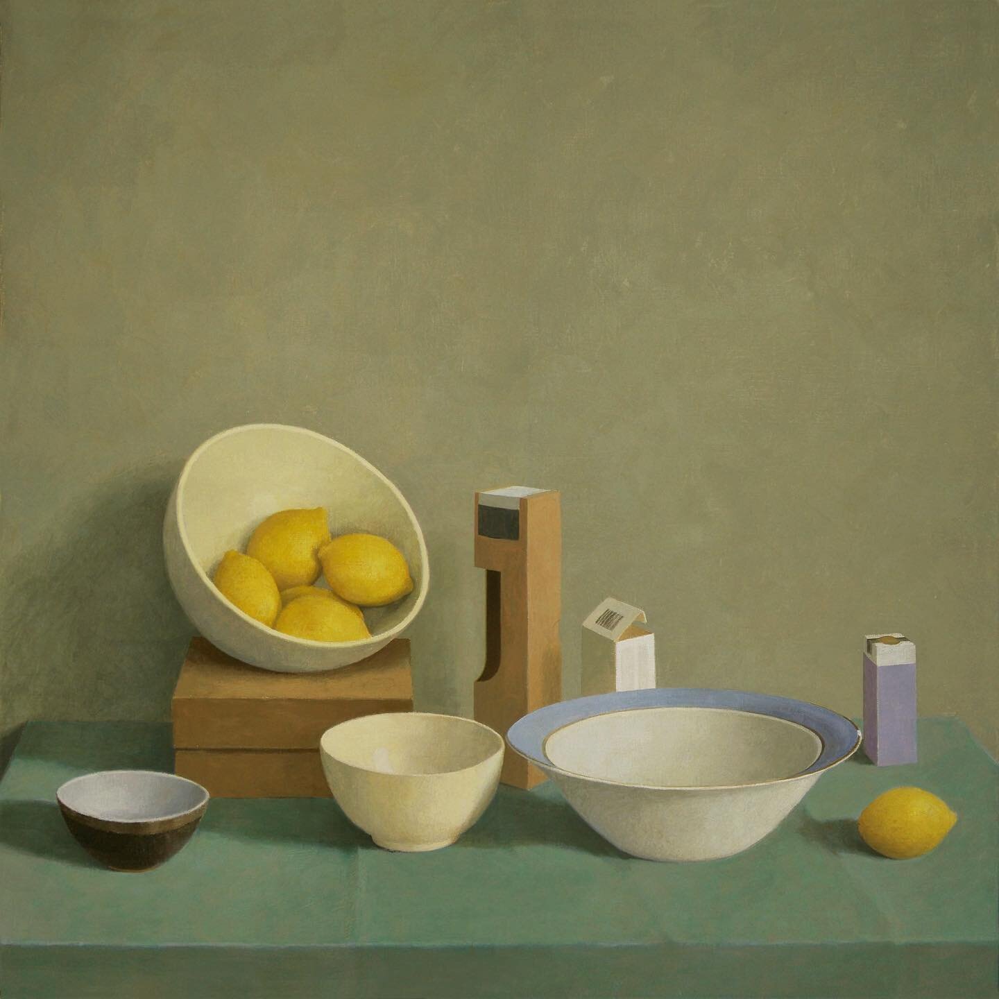 2020 Boxes Bowls and Lemons
Egg/oil tempera on canvas 
100x100 cm

#stilllifepainting #boxes #bowls #lemons #eggtempera