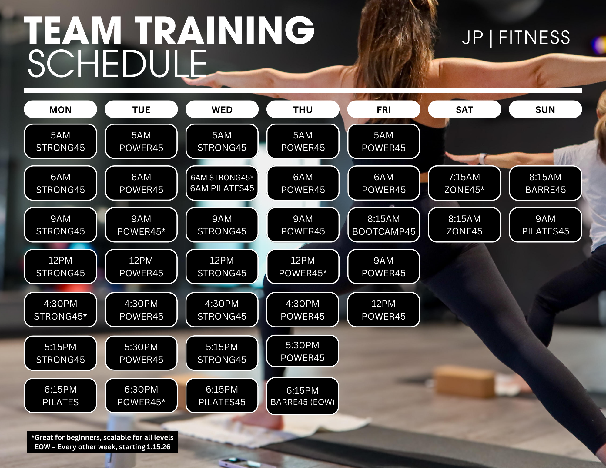 Team training schedule with classes listed for each day of the week, including specific times and class types such as Strong45, Power45, Pilates, Bootcamp, ZONE, and Barre.