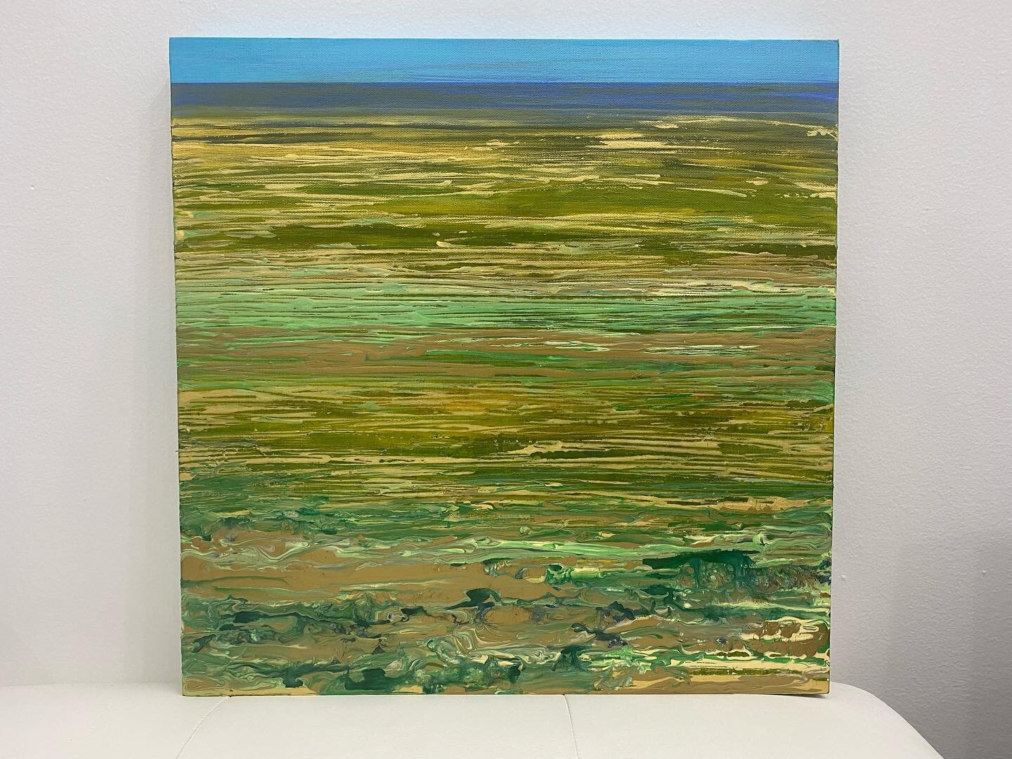 Calm, available acrylic paint on canvas, 20&rdquo;x20&rdquo; in shades of green, gold and blue.

#acrylicpainting #contemporaryart #calm #green #gold #lines #houstonart #landscape #uniqueart #originalart