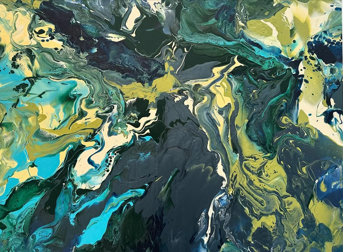 “What Lies Beneath”, 30”x40”, mixed media on canvas, available. I just finished this painting! It started off as something very different, but as I worked on it, I totally changed my plans and poured over the textured backgrou