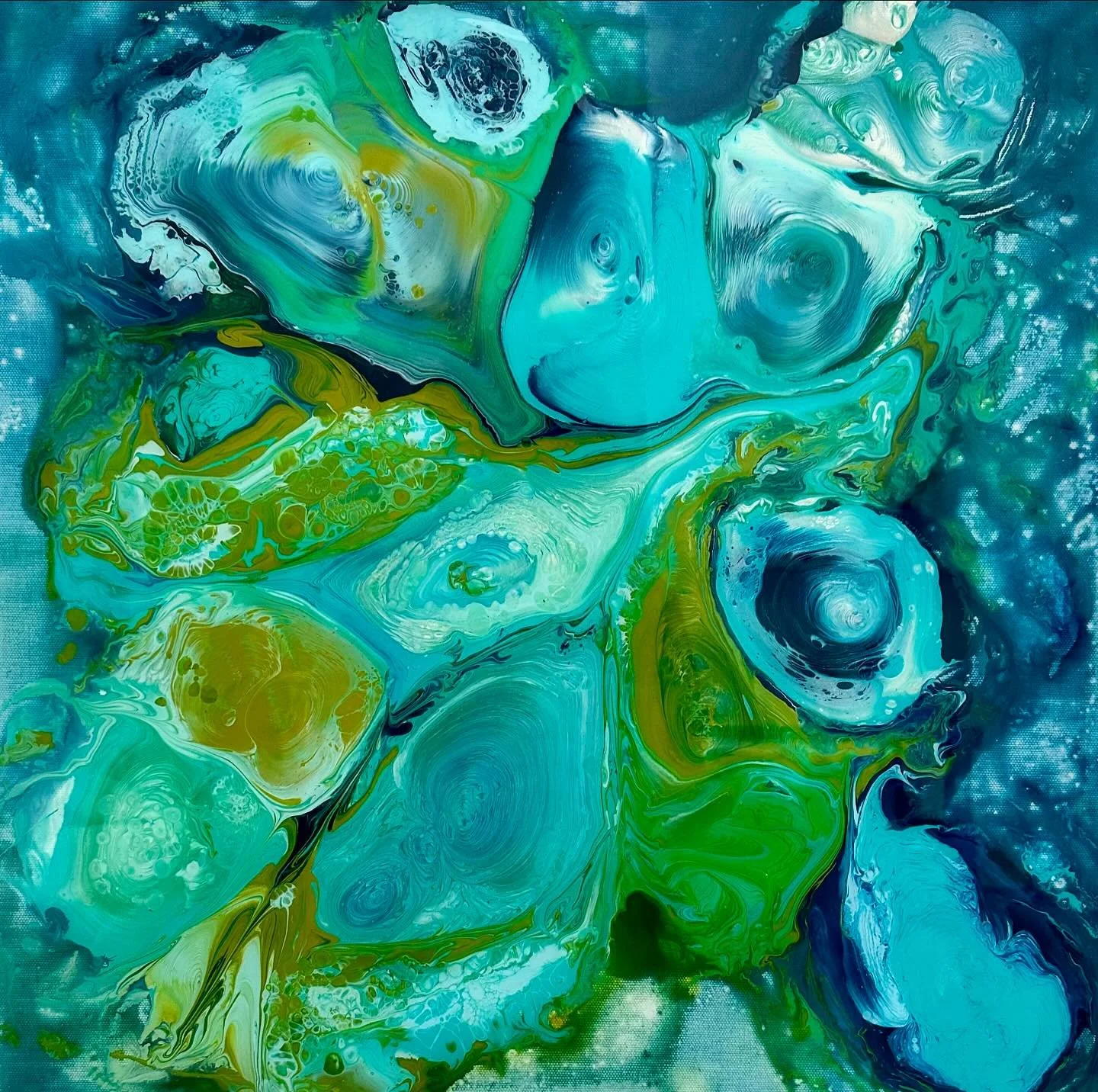 Blue and Green Colorplay, 20”x20”, mixed media on canvas. This new piece in my colorplay series has a shiny, reflective coat of resin. It’s one of my drip paintings that I drip slowly over time and is in shades of blue and green. 
#