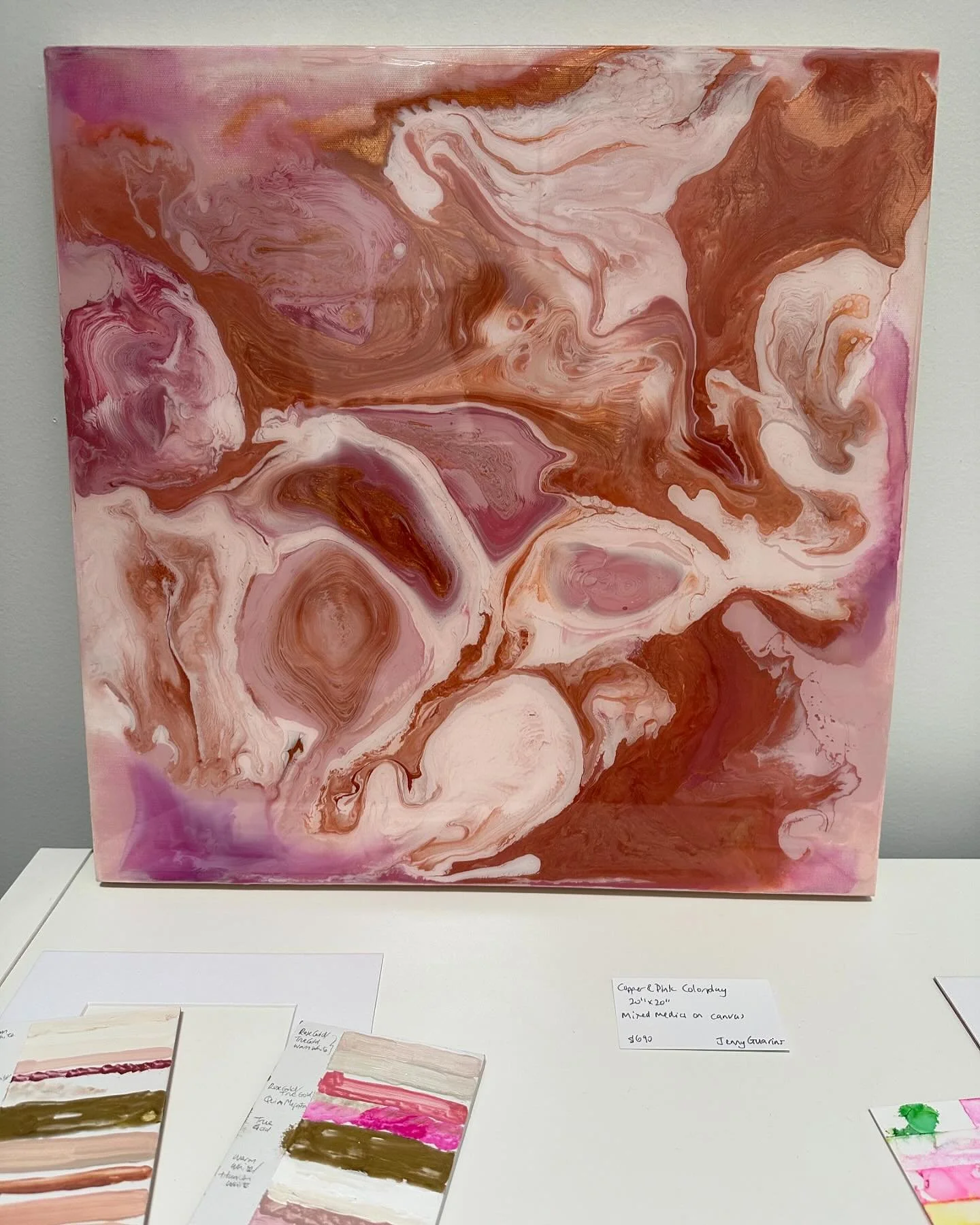 Another new one! Copper and Pink colorplay, 20”x20”, mixed media on canvas, available. Using my drip method and the color palette of my White Sands artwork and a final coat of resin, this artwork has a beautiful mixture of shades of these