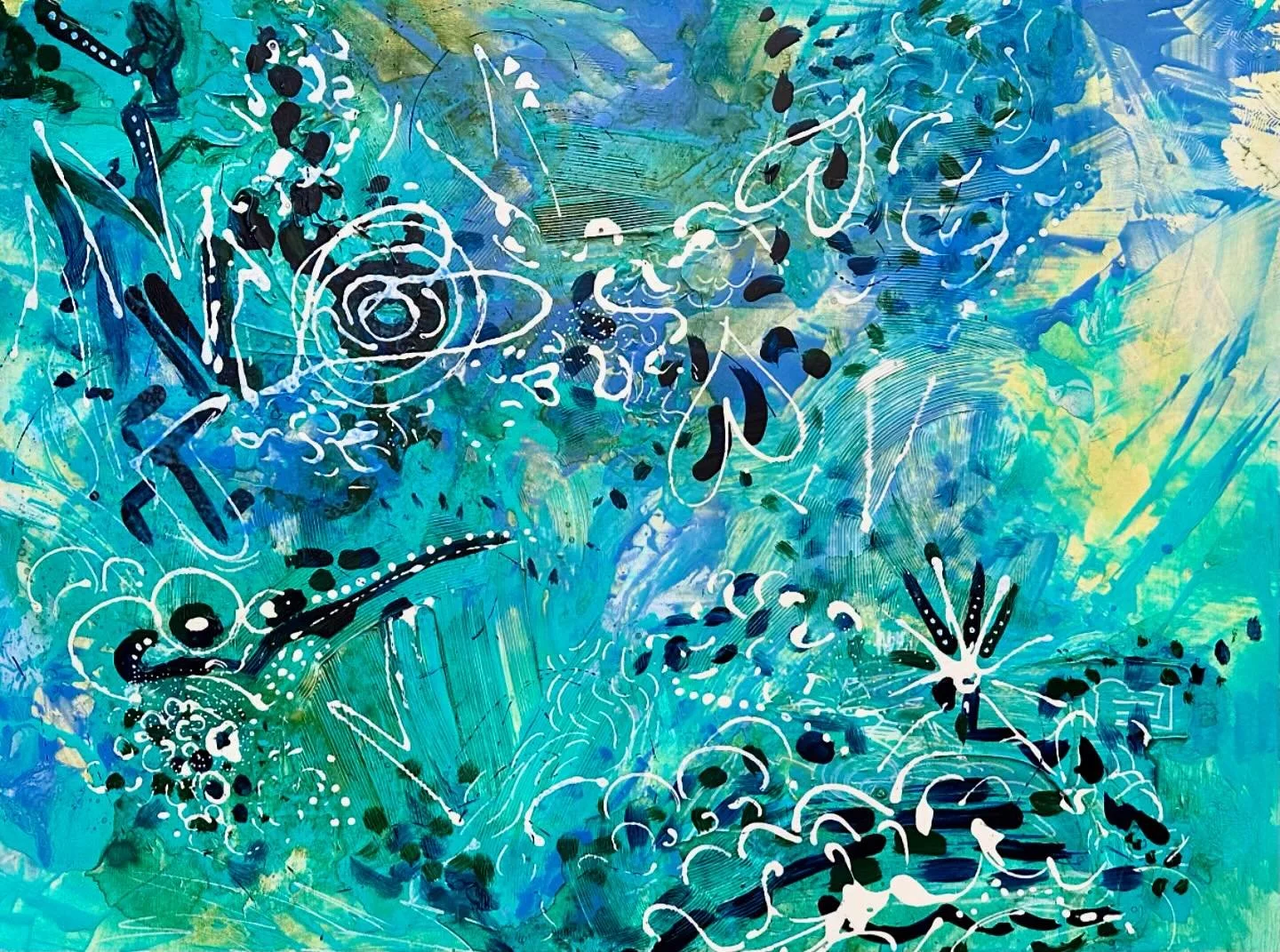 What I Love (Doodle) Available, 36”x48”, mixed media on cradled panel. In shades of green and blue, inspired by doodles made when talking on the phone. #acrylicpainting #artistsoninstagram #abstractartist #doodle #houstonartist