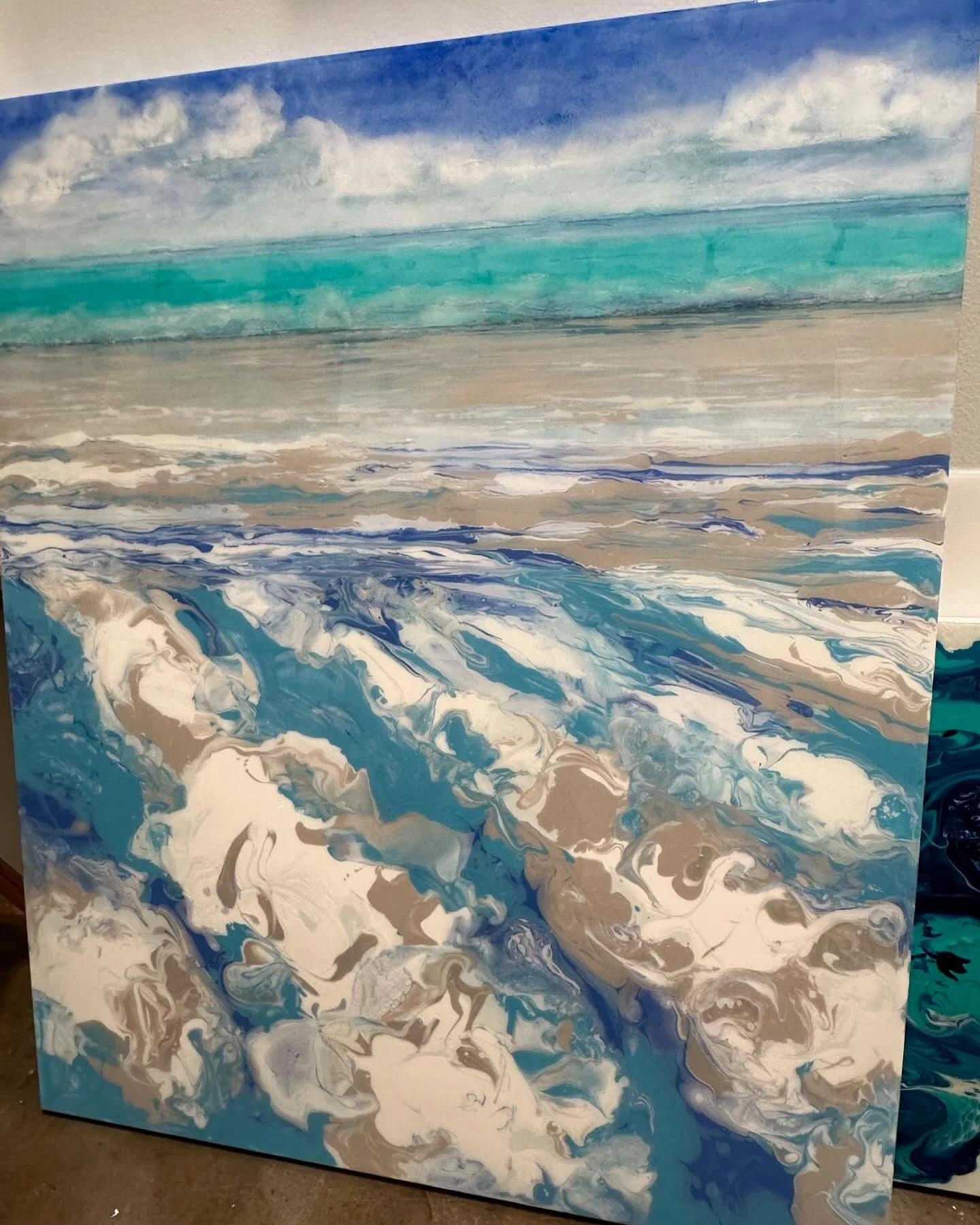 Blue sky, white clouds, 38”x46”, Available, mixed media on cradled panel, the latest in my formia series, in blue, white, teal, shades of gray and taupe, and coated with Resin.