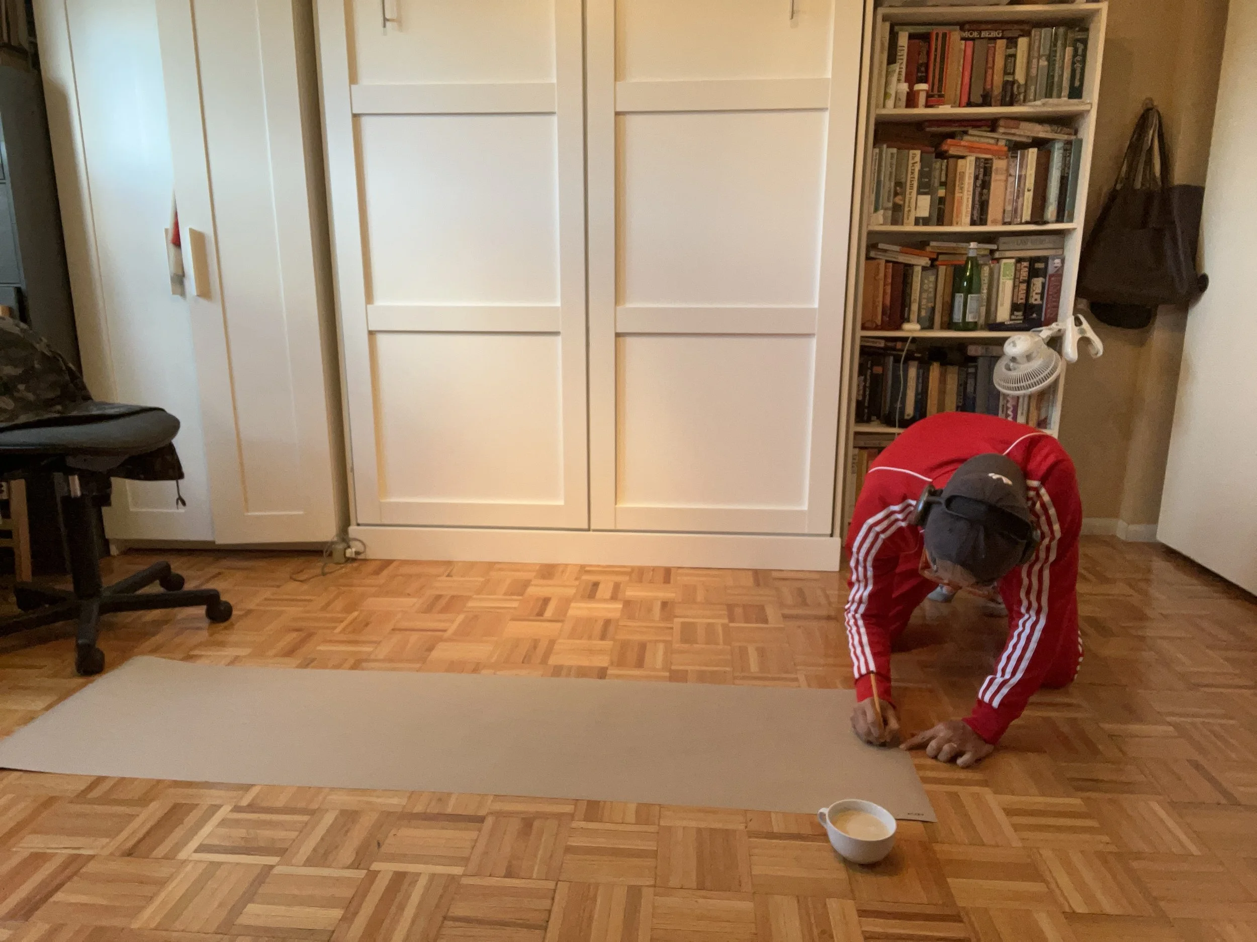 "Have Courage/Go Gently"  - 2025-2026 - Hand-written and woven. Ink on paper. 
Yellow and red words - "Have Courage"  
Brown  with dark brown words "Go Gently" (work in progress)