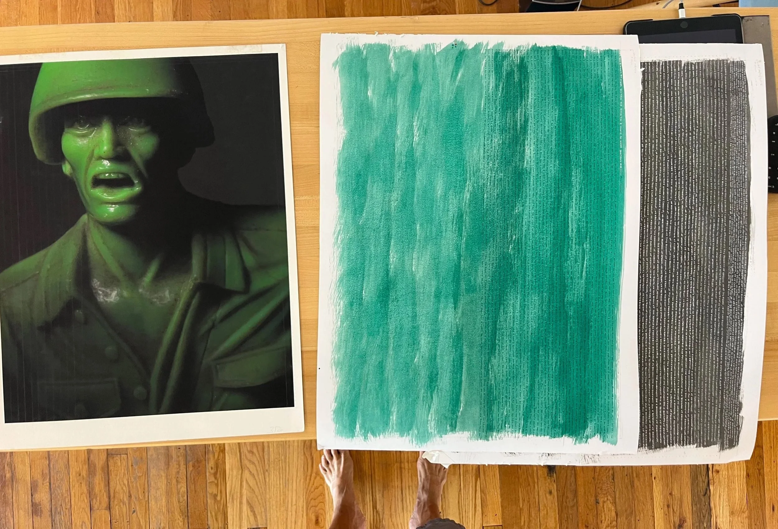 "I won't do what you tell me"  - 2025. Two hand-written meditations woven into the image. Written approximately  2,300 times for each. Green and white is the 1st Amendment to the constitution of the United States. Black and white is the 2nd Amendment