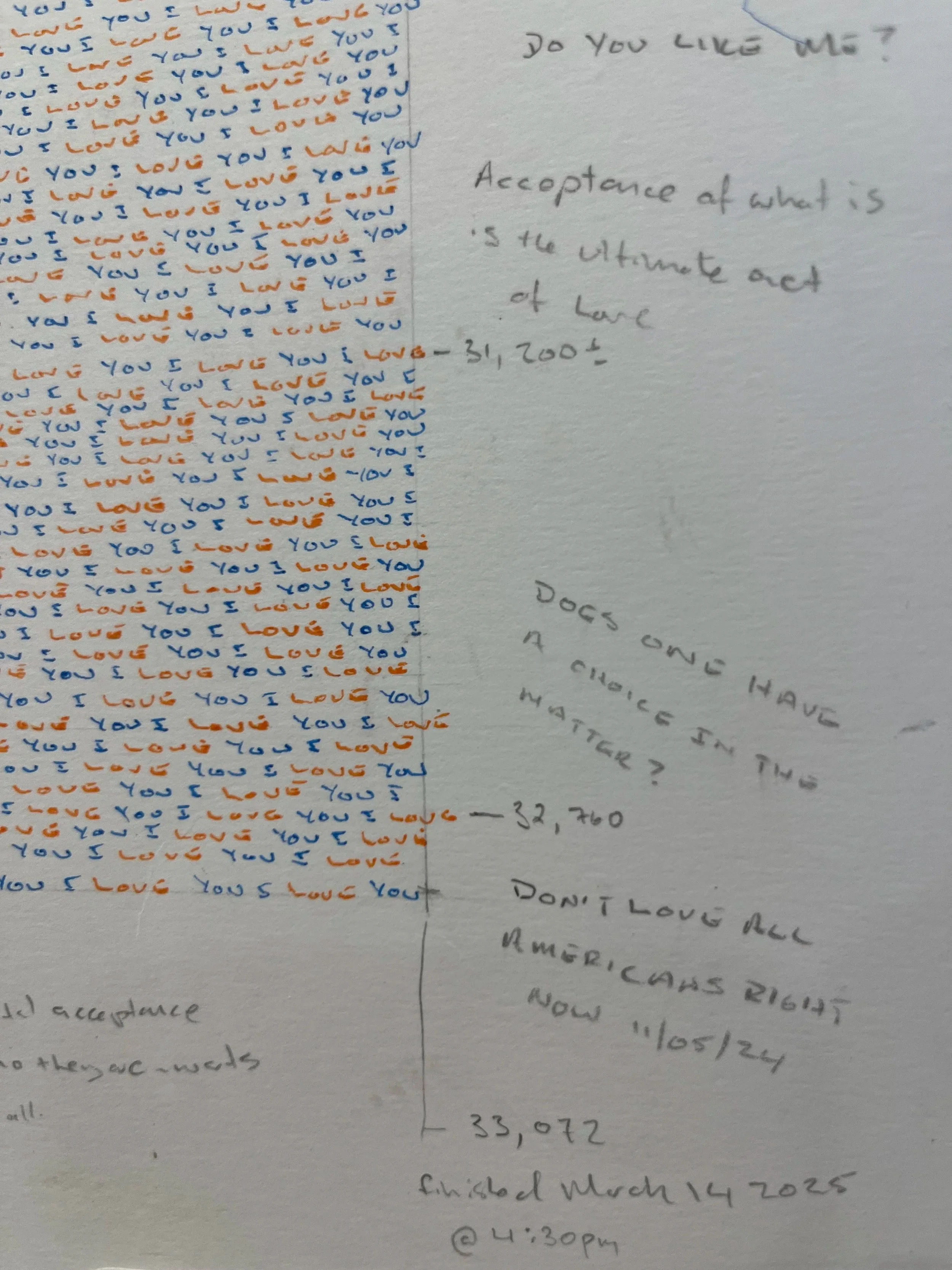 "I Love You." (a love letter for Lisa, Vaughan, Zach, Liam,  Nelson ) - 2023 - 2025 -  
I Love You, hand-written about 33,072 times. Ink on paper. 
Limited edition prints (5) are available  for $3,000.00
