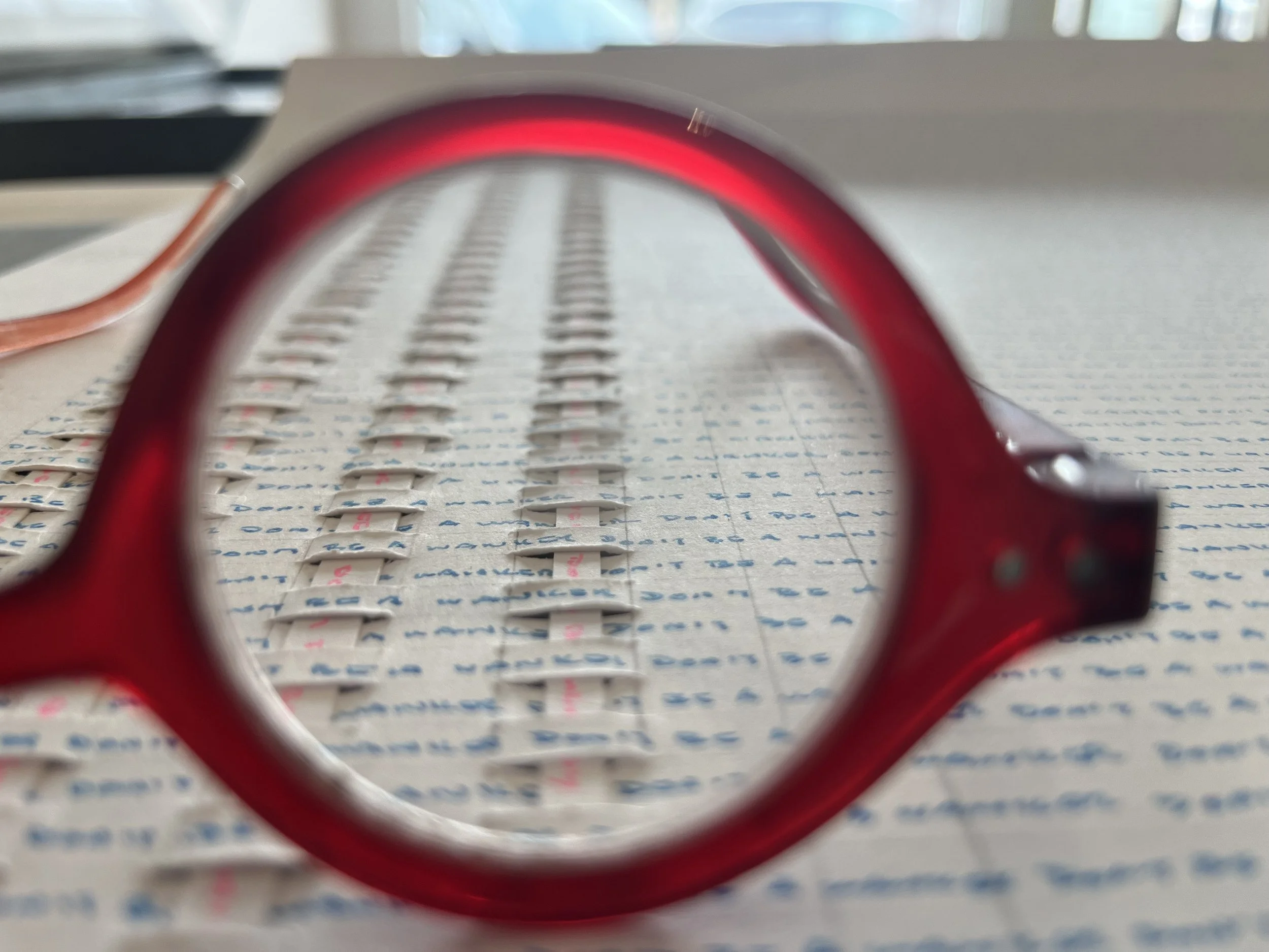 "Don't Be Greedy/Don't Be A Wanker"  - 2024 - 2025 - Two hand-written meditations woven together.  Blue = Don't Be A Wanker. Pink = Don't Be Greedy about 2,500 times each.  Ink on paper. $3,500 (Original Sold)  
Limited edition prints (5) available $