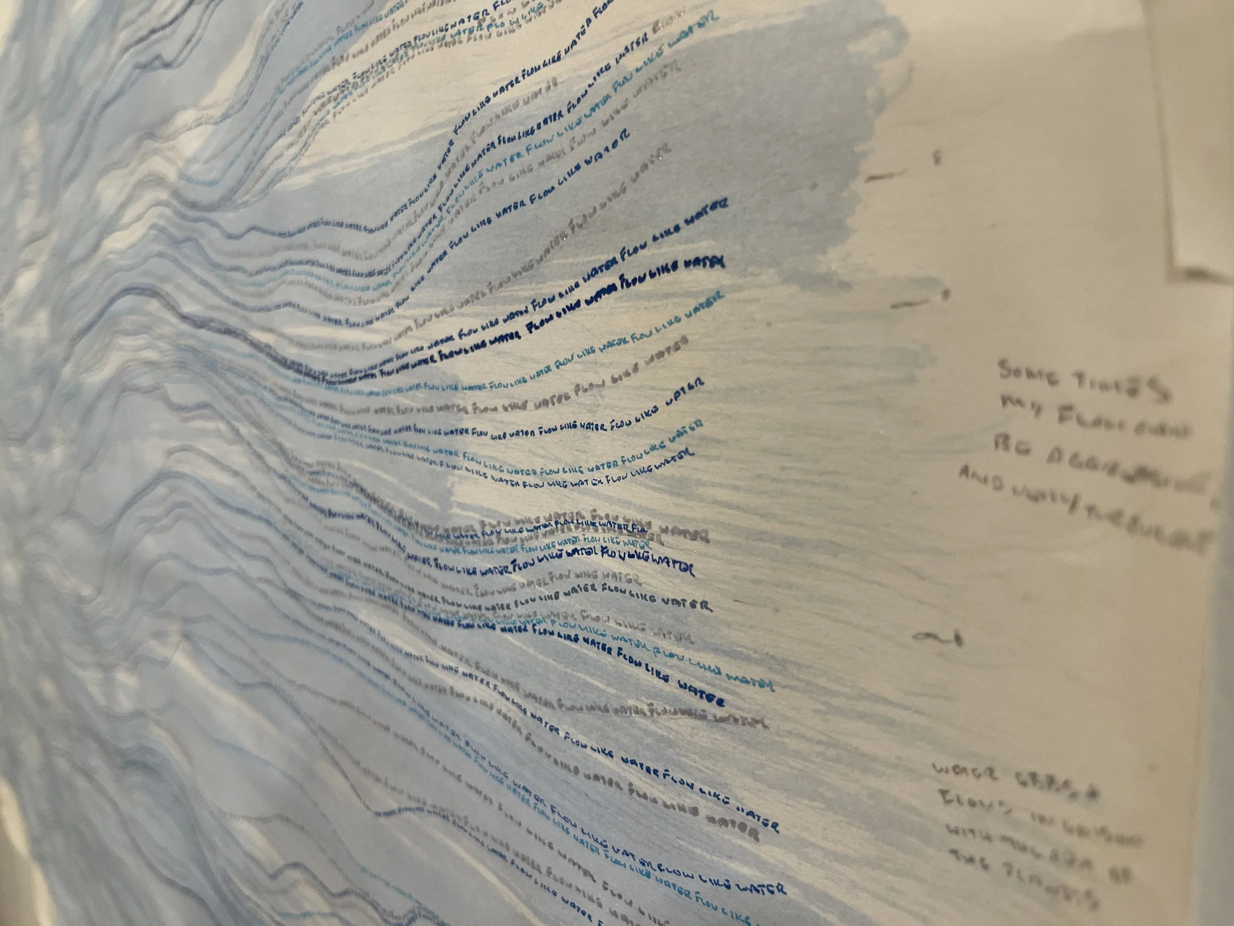 "Flow Like Water"  - 2023 - Hand-written about 6,000 times. 
Ink on paper. $4,000 (Sold)