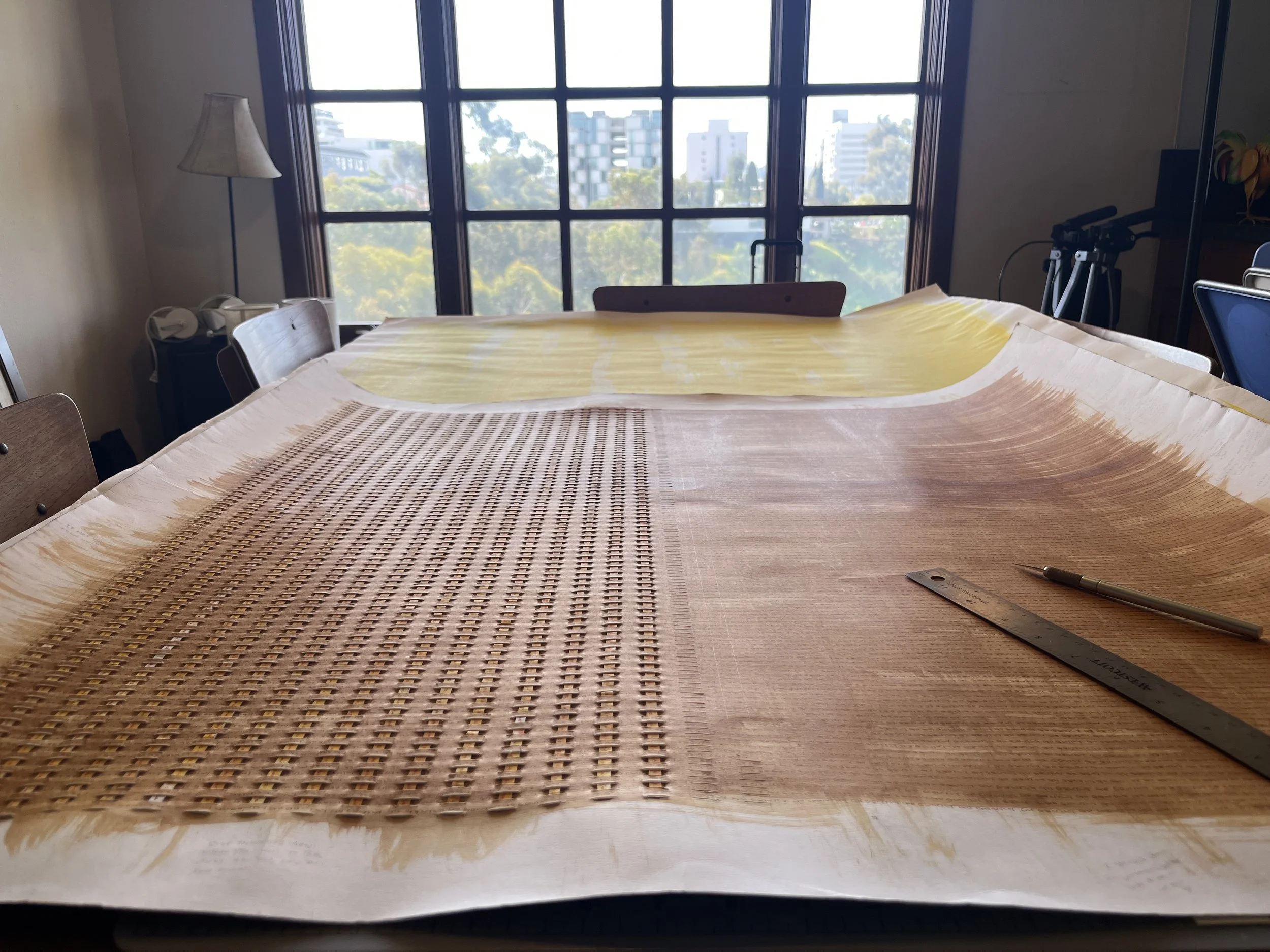 "Have Courage/Go Gently"  - 2025-2026 - Hand-written and woven. Ink on paper. 
Yellow and red words - "Have Courage"  
Brown  with dark brown words "Go Gently" (work in progress)