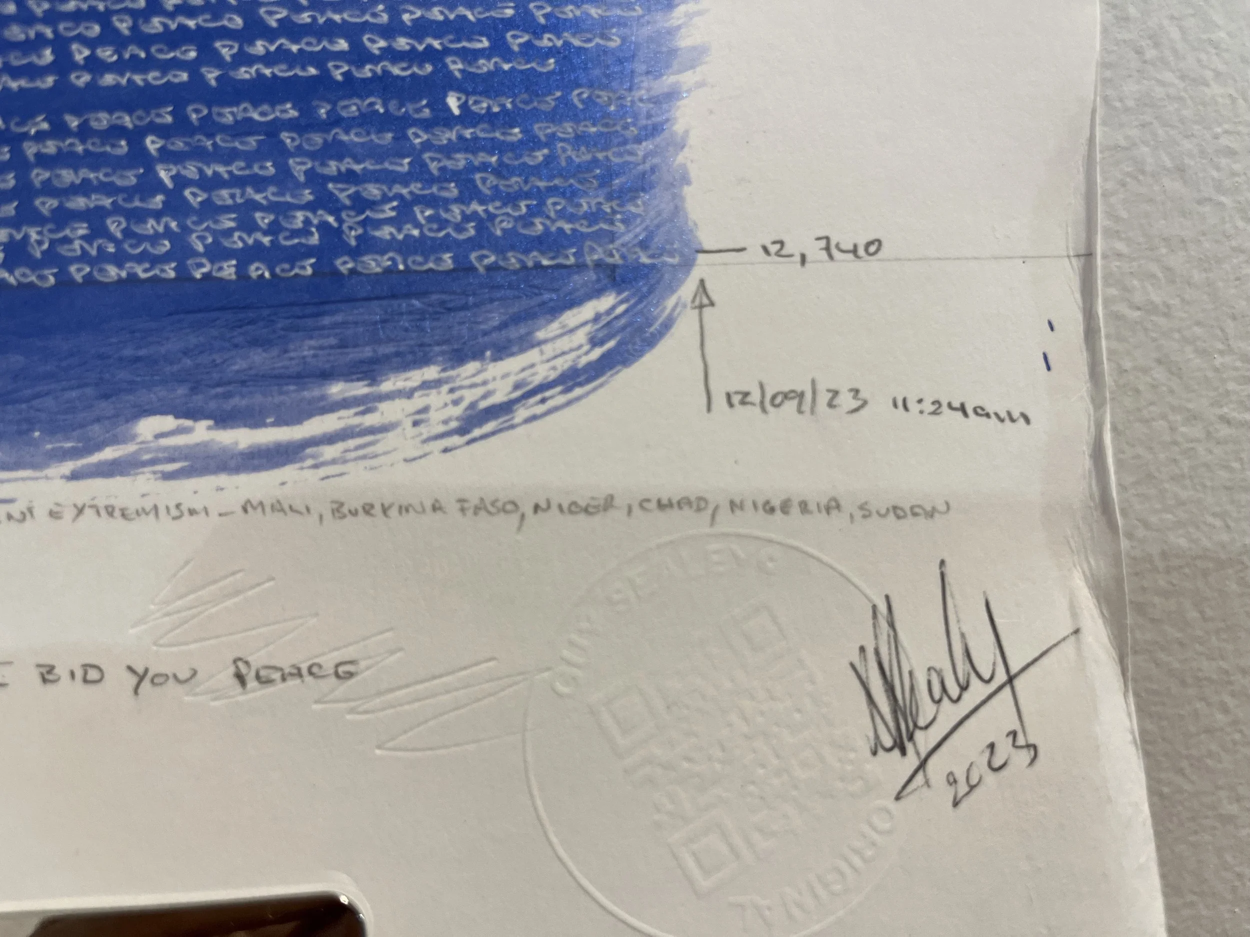 "Peace."  - 2023. Hand-written about 12,740 times. 
Ink on paper. $3,500 (Sold)