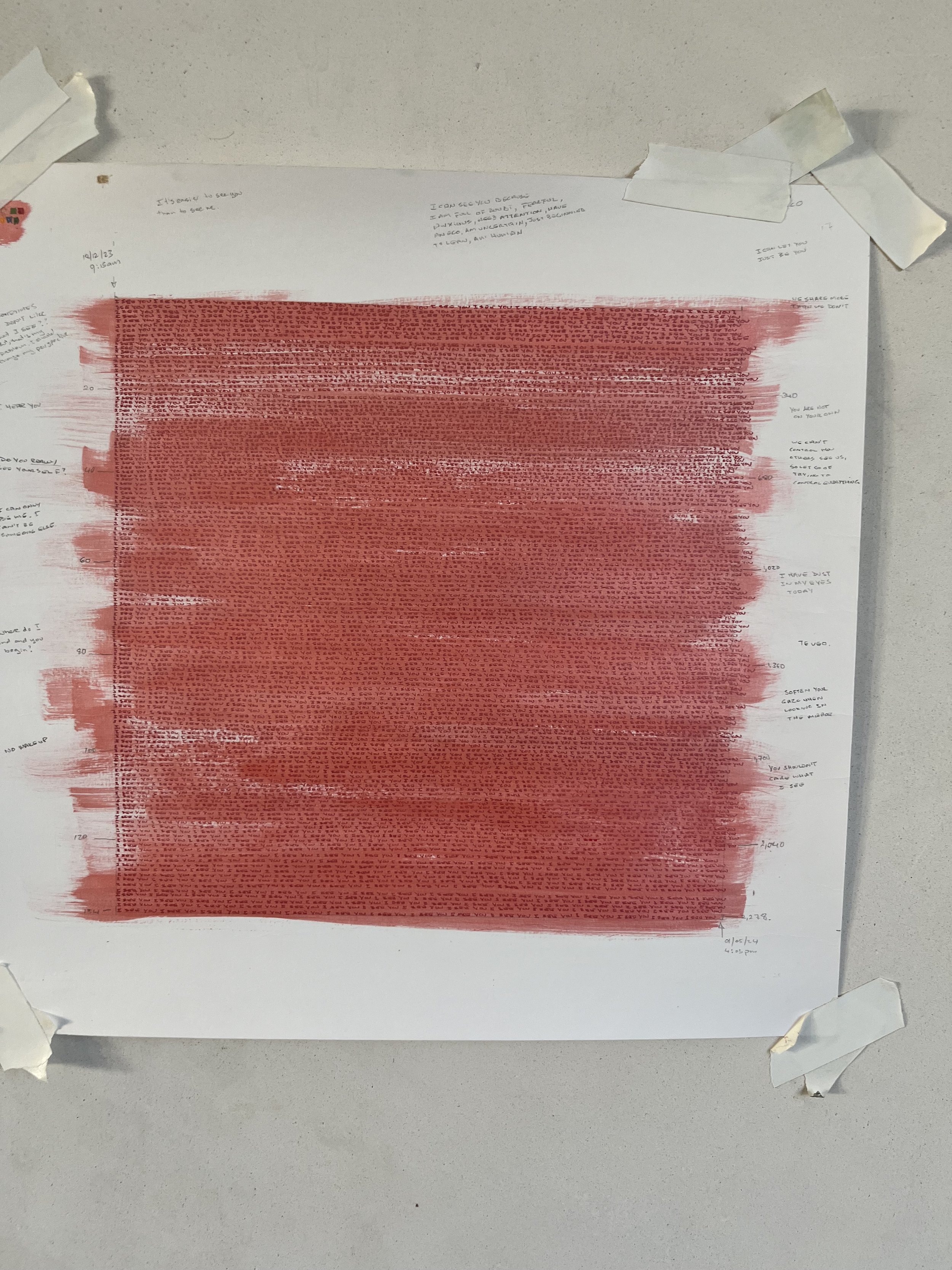 "I See You"  - 2023 - Hand-written about 2,278 times. 
Ink on paper. $3,500 (Sold)