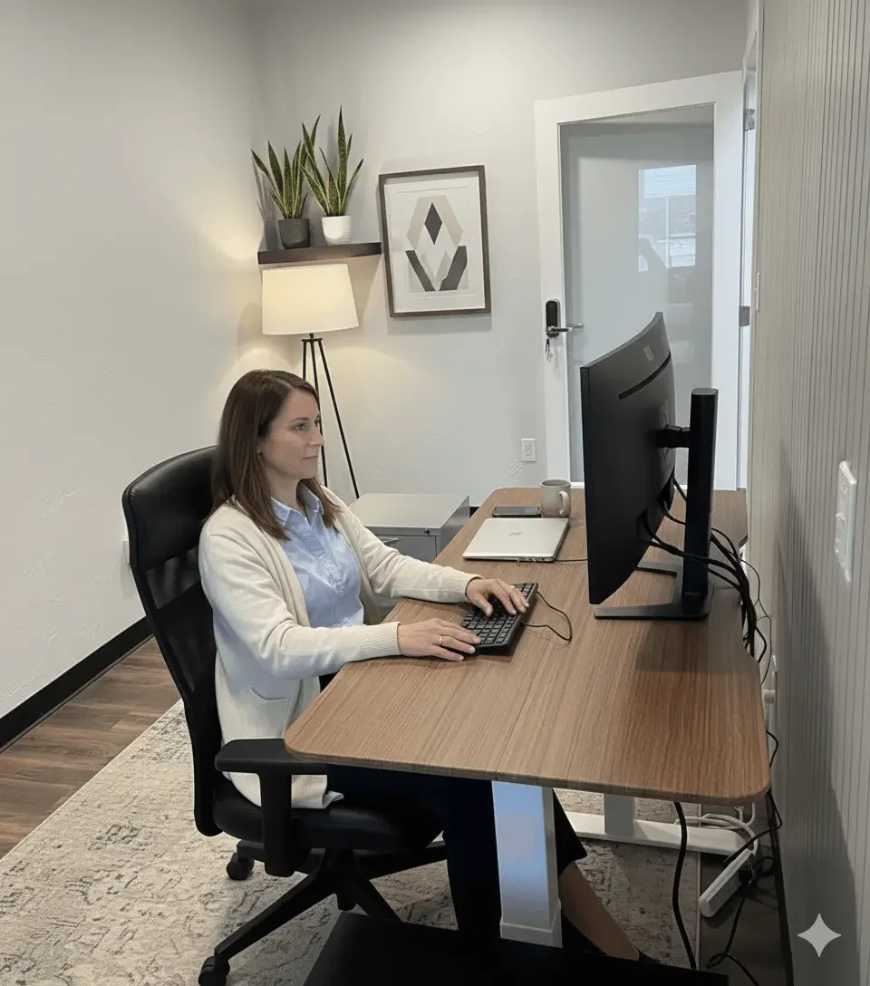 A member working at a desk in a private locking office at Union Hall Workspace in Amarillo