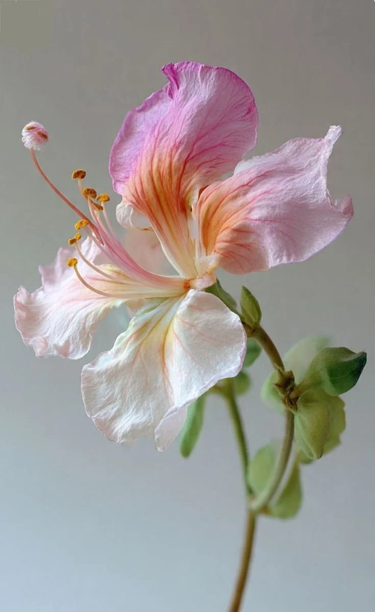 A delicate pink and cream flower with long curving stamens and yellow tips, on a green stem against a soft grey background.