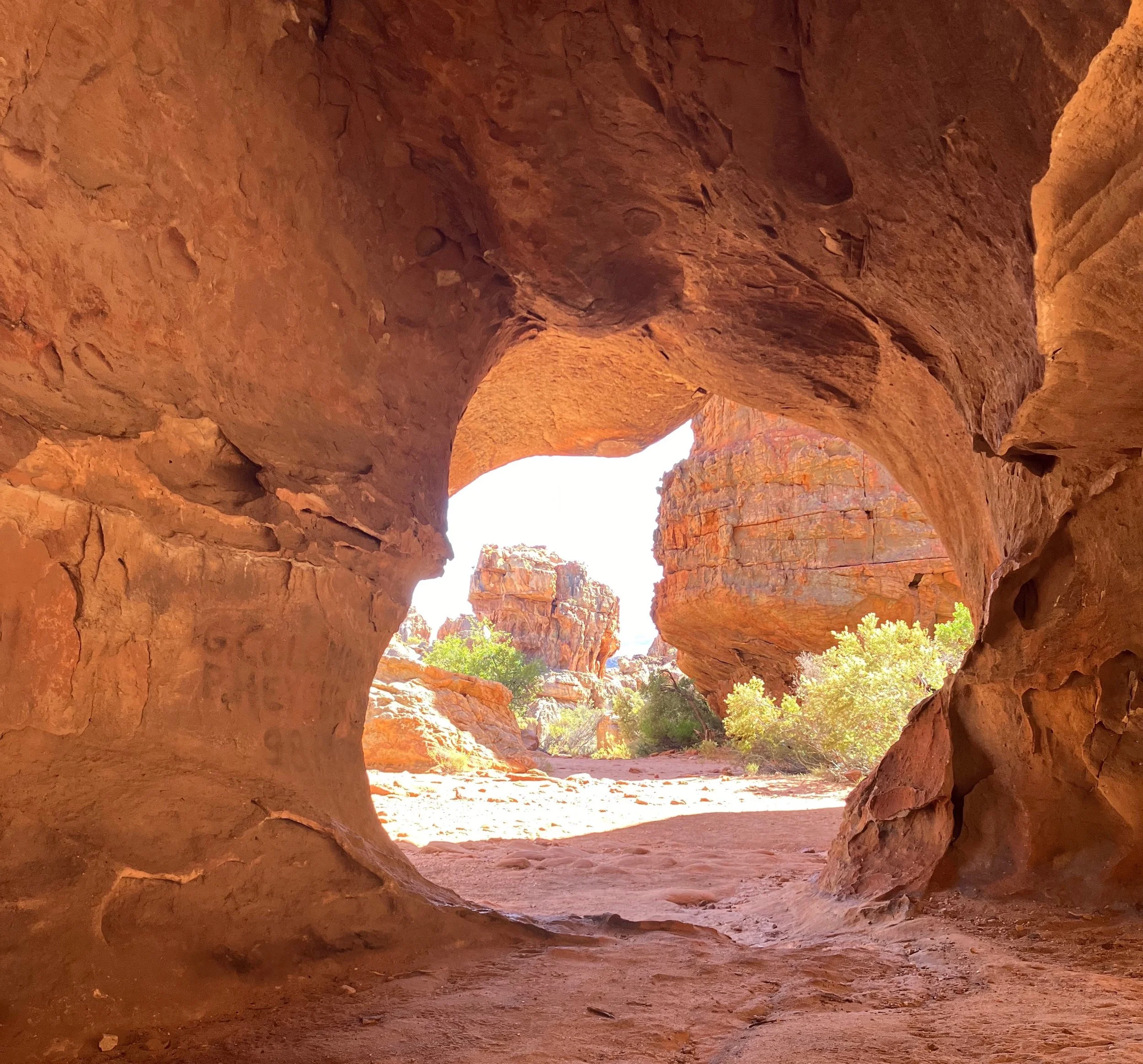 View out from inside a red sandstone cave, looking through the opening onto sunlit rock formations and green shrubs.