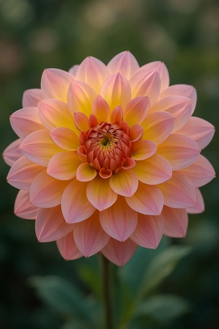 A pink and yellow dahlia in full bloom with an orange center against a soft green background.