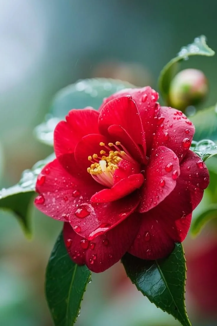 A red camellia with a yellow center and dewy petals, surrounded by glossy green leaves