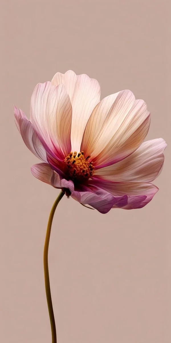 A single pink and cream cosmos flower with a yellow center against a soft beige background.