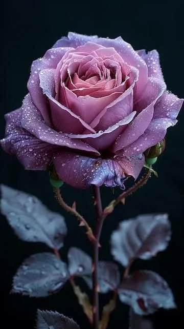 A dew-covered mauve-pink rose with frosted-looking petals against a dark background