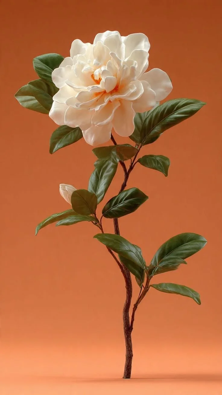 A cream gardenia bloom on a leafy branch against a warm orange background.