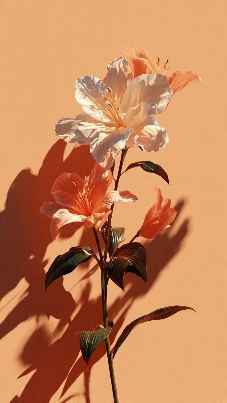 Cream and coral lilies casting a soft shadow against a warm peach background