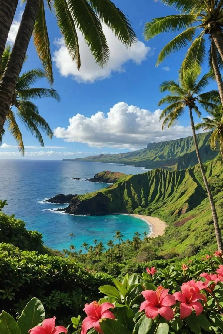 A lush tropical coastline with palm trees, green cliffs, a turquoise bay, and pink hibiscus in the foreground