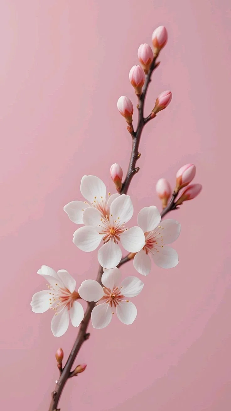White and pink cherry blossoms and buds on a slender branch against a soft pink background.