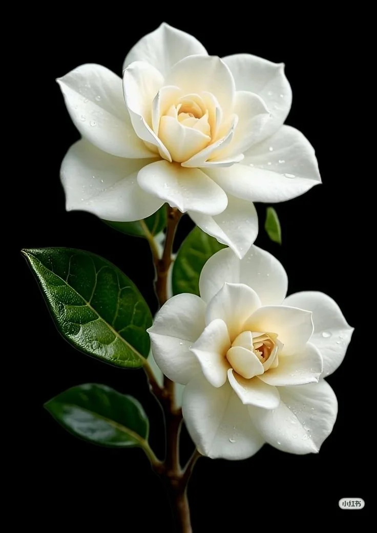 Two creamy white gardenias with dewdrops and glossy green leaves against a black background.