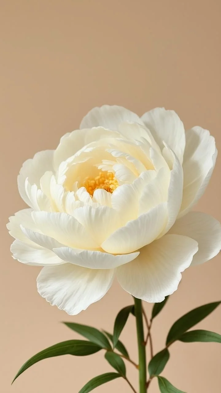 A single cream peony with a soft yellow center against a warm beige background.