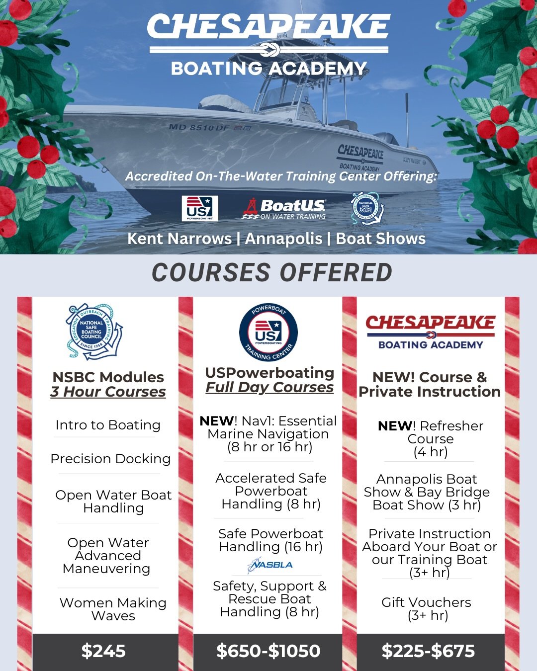 🎁 Give the Gift of Confidence on the Water
🪢 Chesapeake Boating Academy Gift Vouchers let them choose the on-the-water course that fits their goals, experience level, and schedule.
✔️ Accredited, Verified Boating Curriculum taught by USCG licensed 