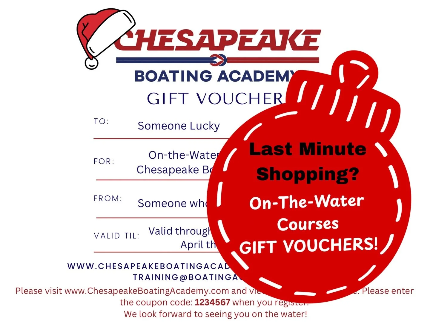 To get a customized, printable gift voucher, text Sarah at 410-829-5057. Gift vouchers allow the person to choose the best course and time that works for them- we&rsquo;ve got boating courses for all experience levels. From intro to boating, docking,